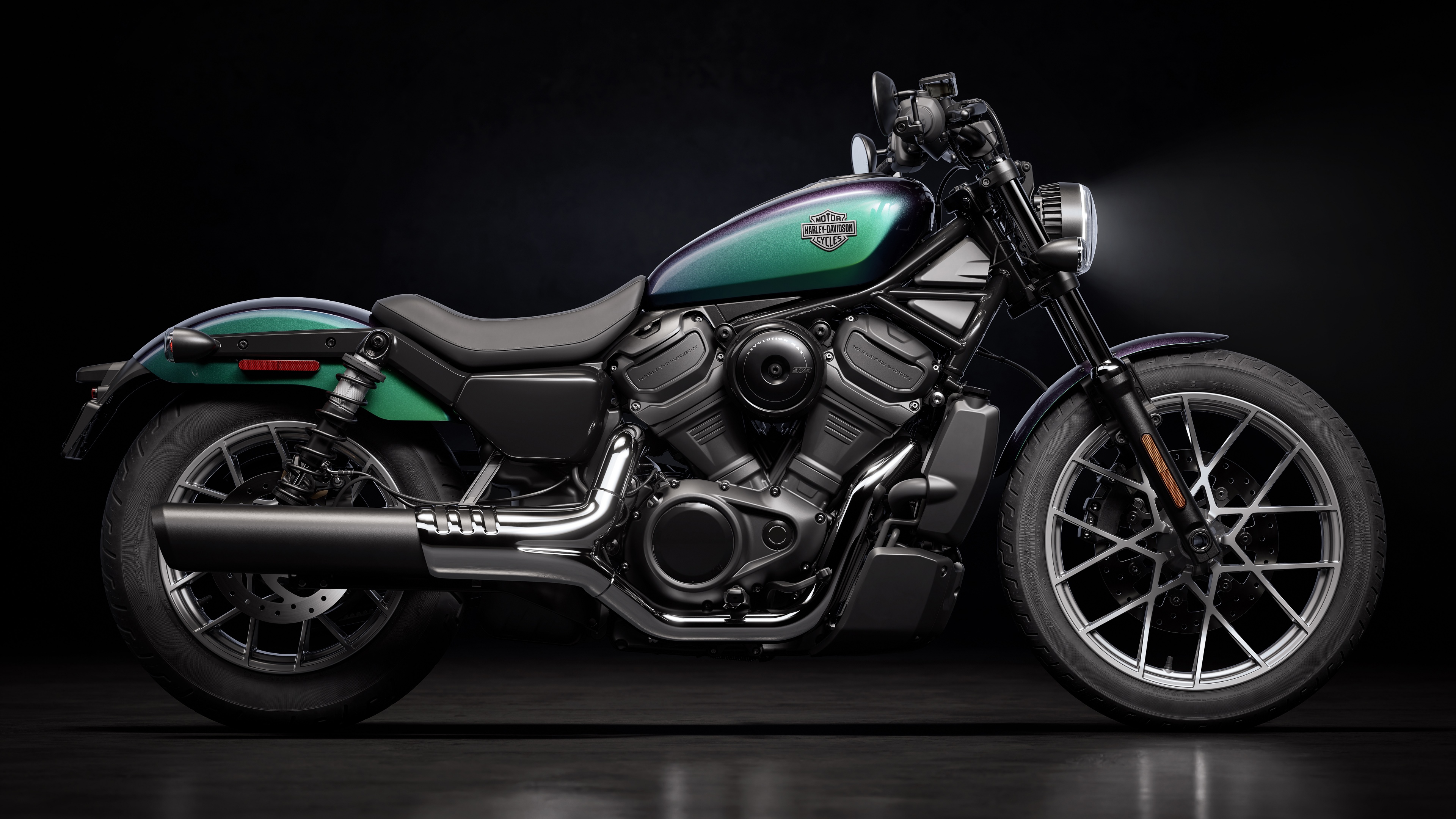 A Harley-Davidson Nightster cruiser motorcycle set in a dark, cinematic atmosphere with dramatic lighting and shadows.