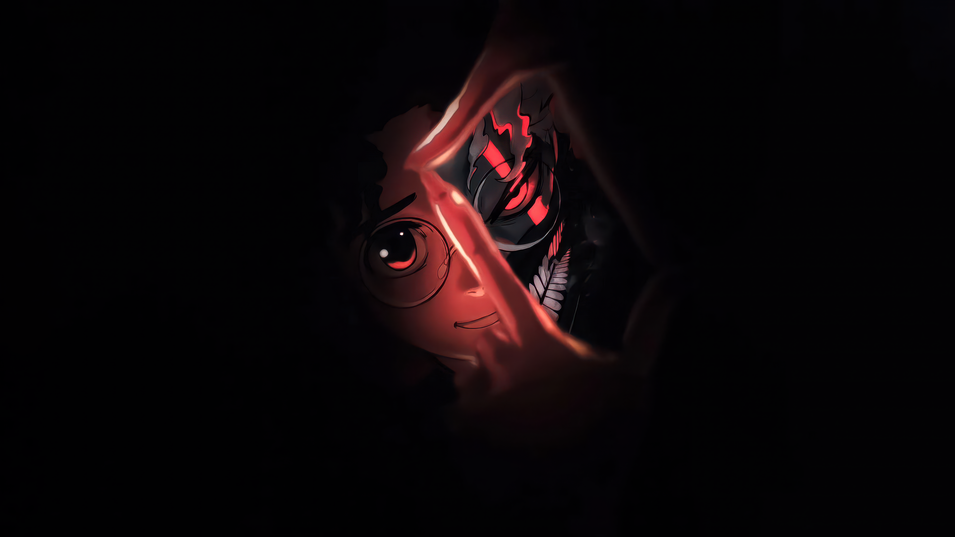 A cinematic and dark aesthetic portrait of Okarun (Ken Takakura) from the Dandadan manga, featuring a moody, shadowed atmosphere.