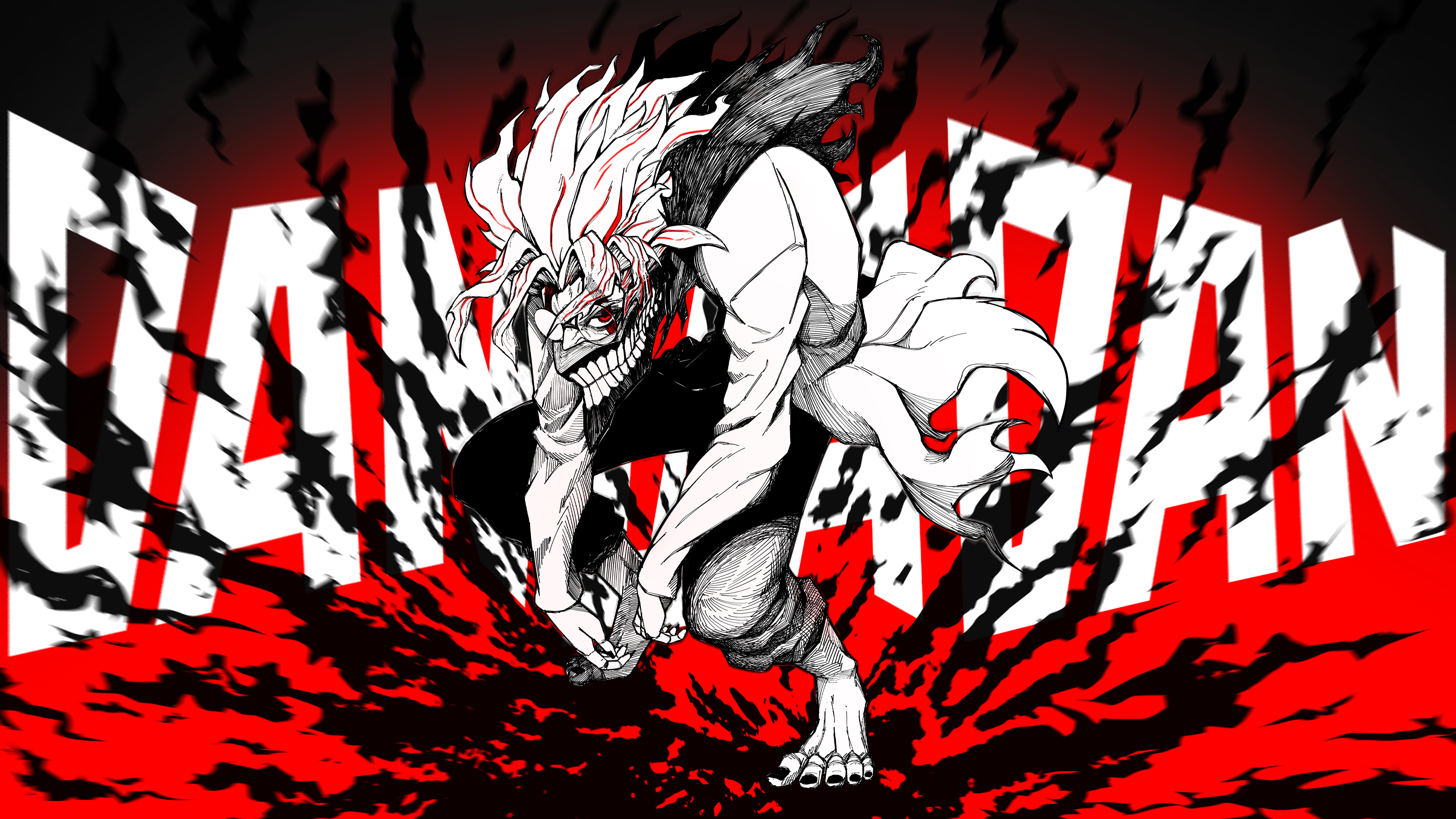 A stylized manga-style illustration of Okarun (Ken Takakura) from Dandadan against a solid red background.