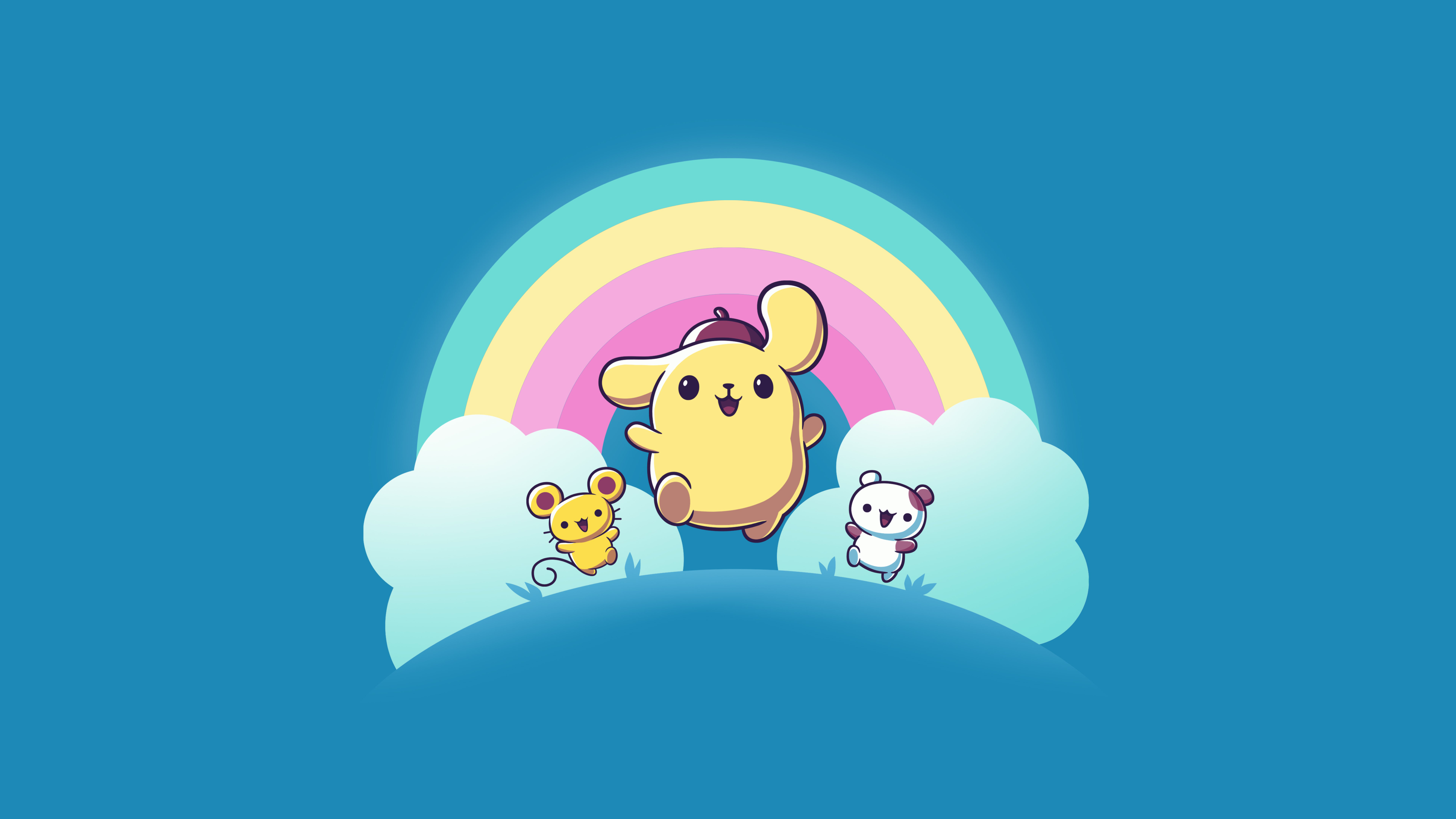 A cute cartoon of Pompompurin from Sanrio with a muffin on a bright blue background.