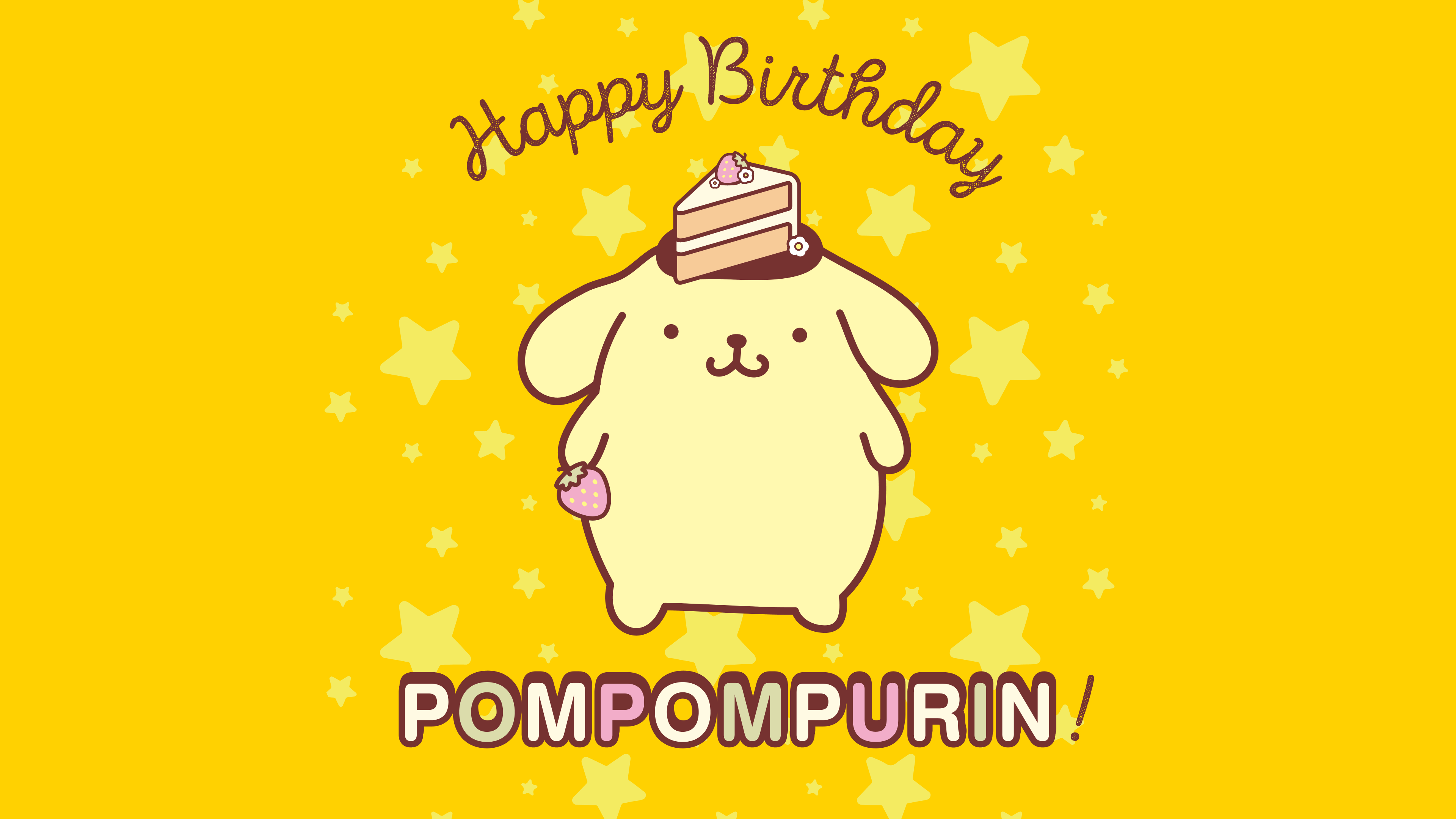A cute cartoon of the Sanrio character Pompompurin celebrating a birthday against a vibrant yellow aesthetic background.