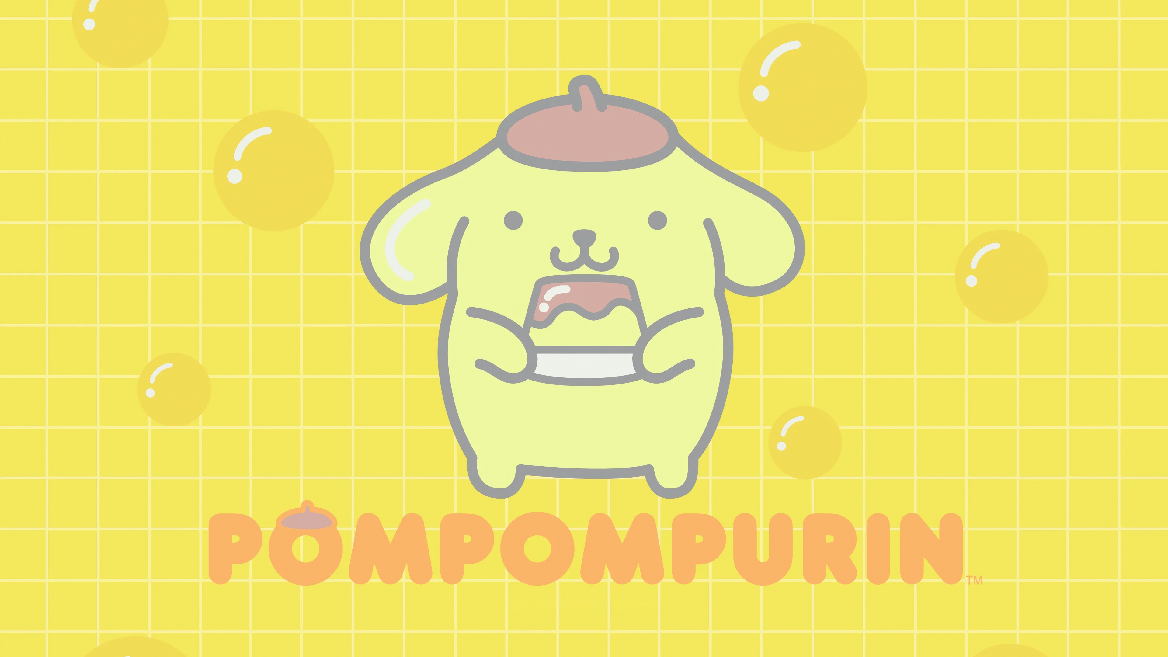 Cute Sanrio character Pompompurin surrounded by floating bubbles on a bright yellow background.