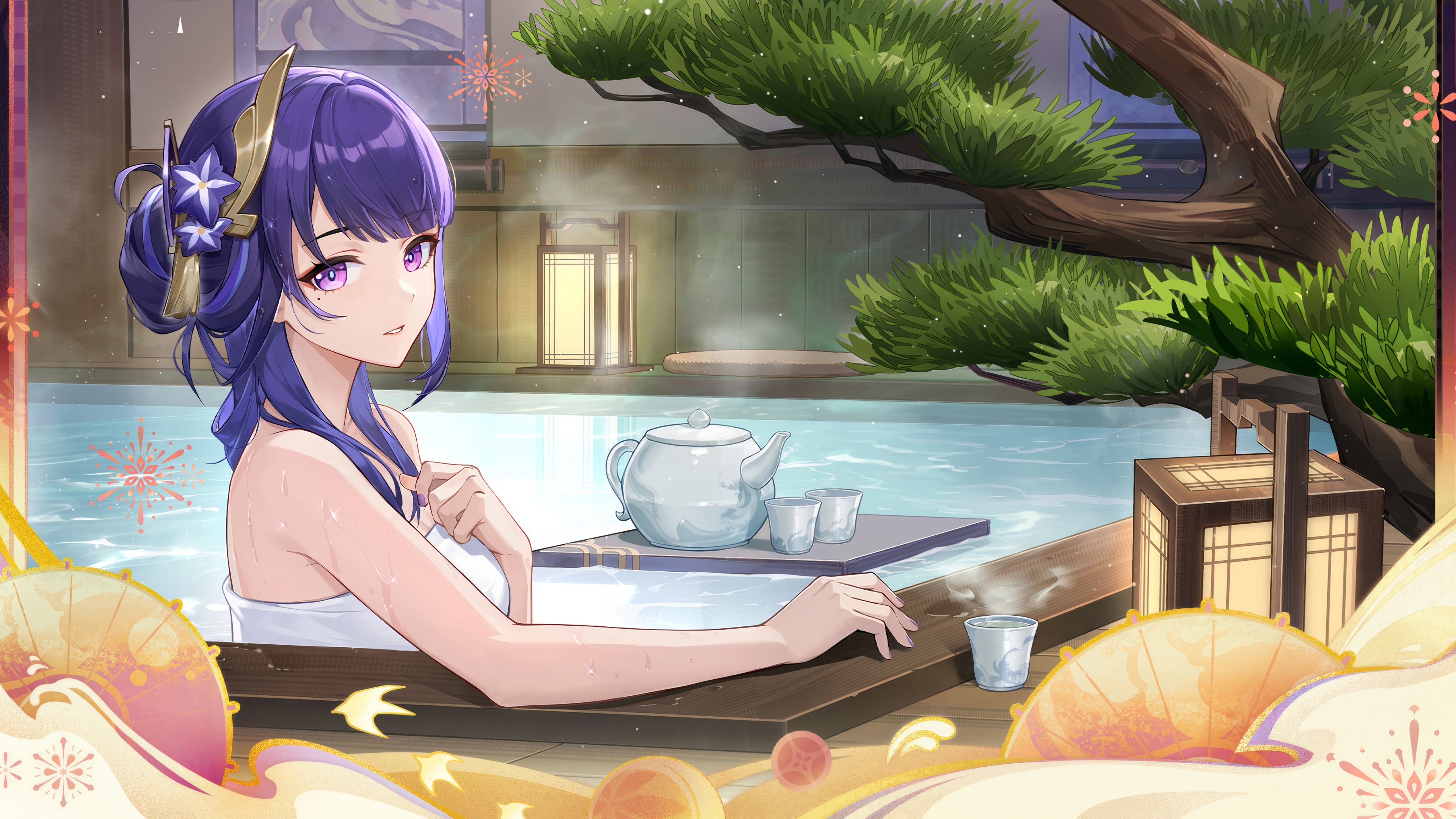 Raiden Shogun from Genshin Impact posing by a clear blue swimming pool in a beautiful, aesthetic anime art style.