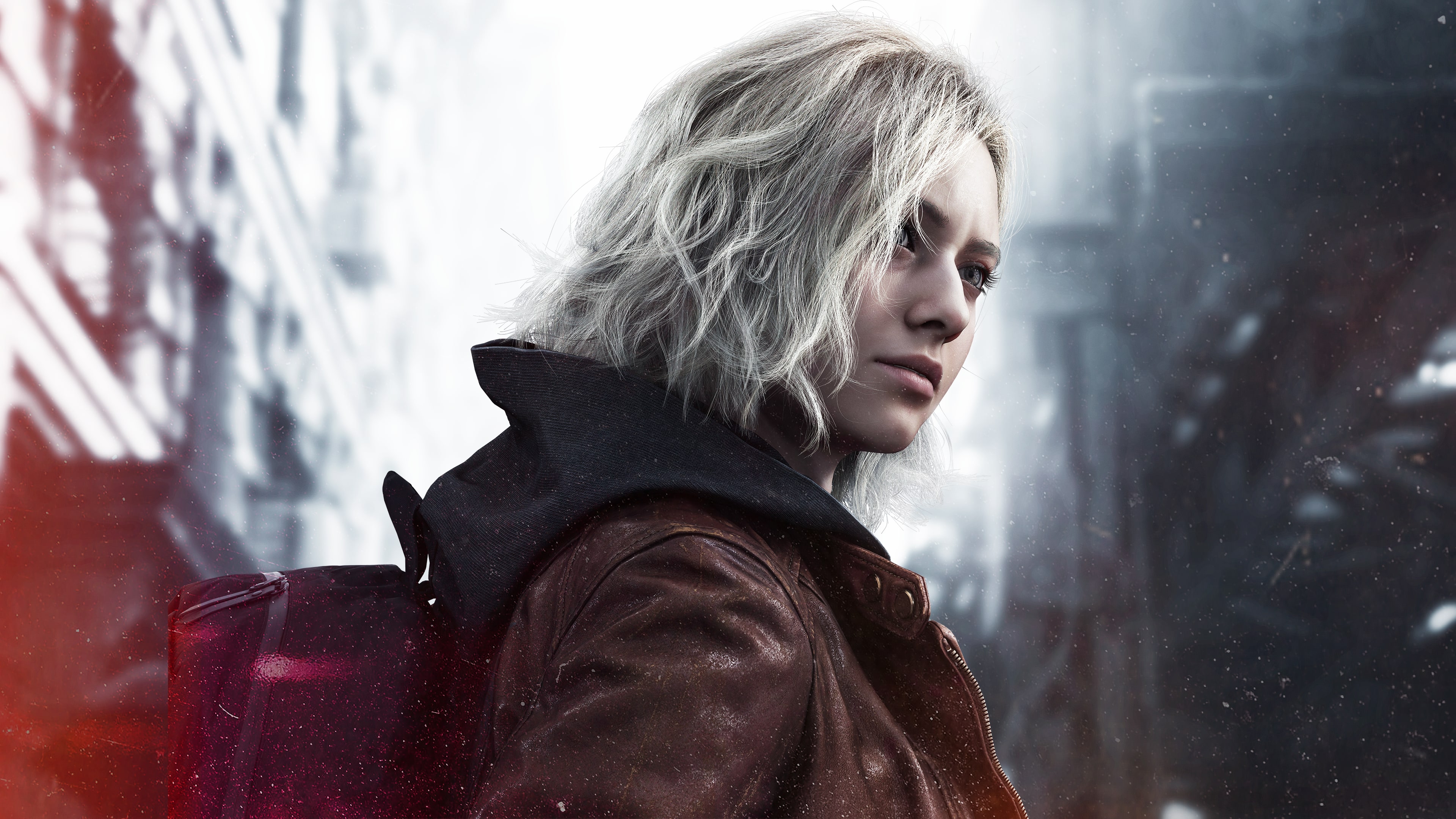 Cinematic portrait of Grace Ashcroft in a dark, gritty survival horror setting inspired by Resident Evil Requiem.