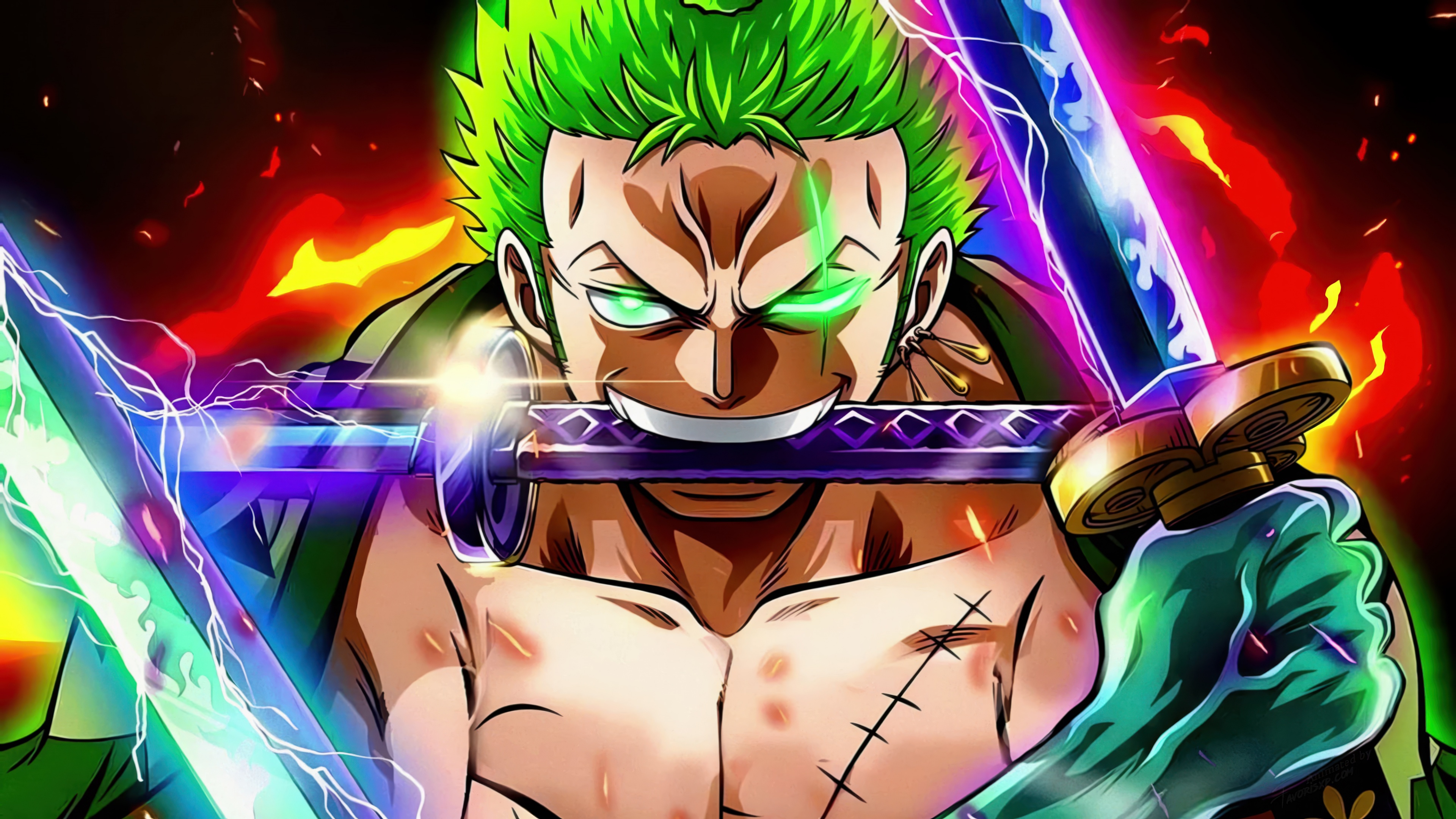 A high-resolution, cinematic close-up of Roronoa Zoro from One Piece looking fearless and determined.