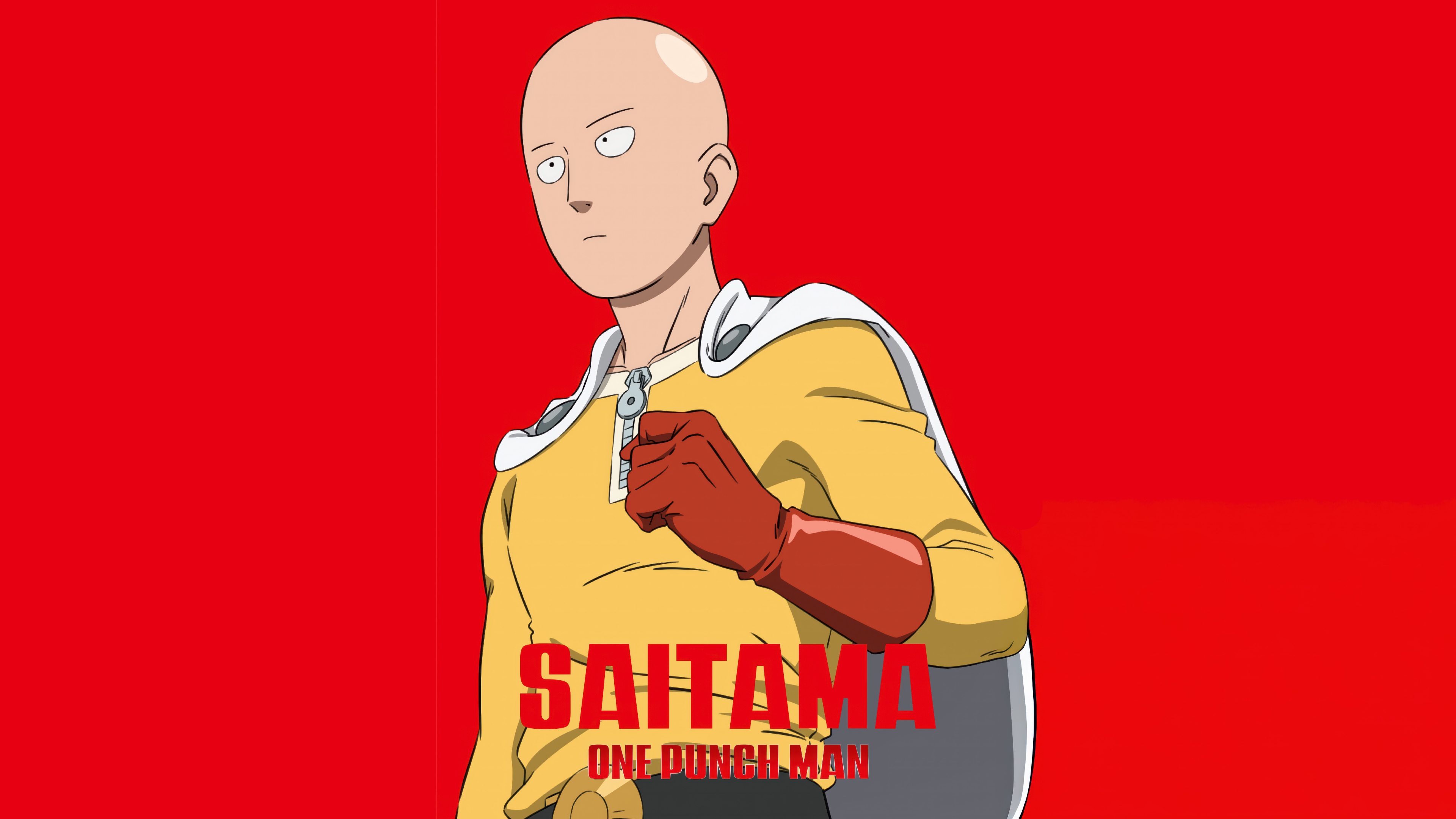 Saitama from One Punch Man presented in a cinematic teaser style against a vibrant red background.