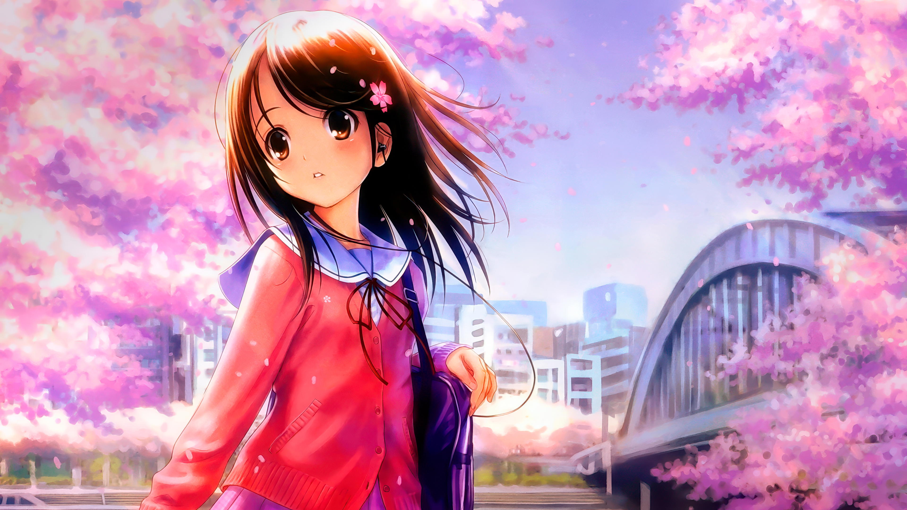 A pretty anime girl surrounded by falling pink cherry blossom petals.