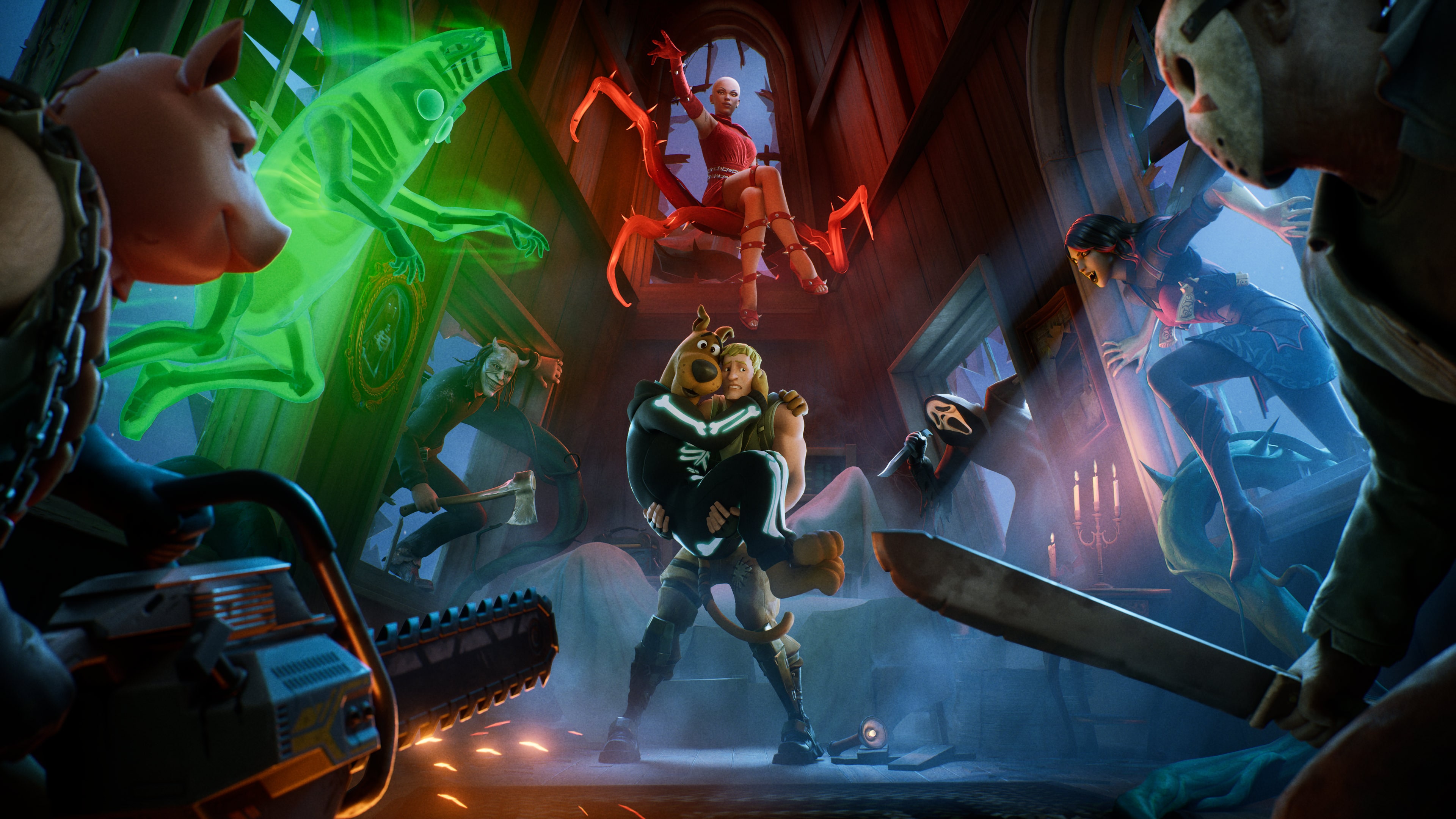A modern, highly detailed depiction of Scooby-Doo in a futuristic 2025 video game aesthetic.