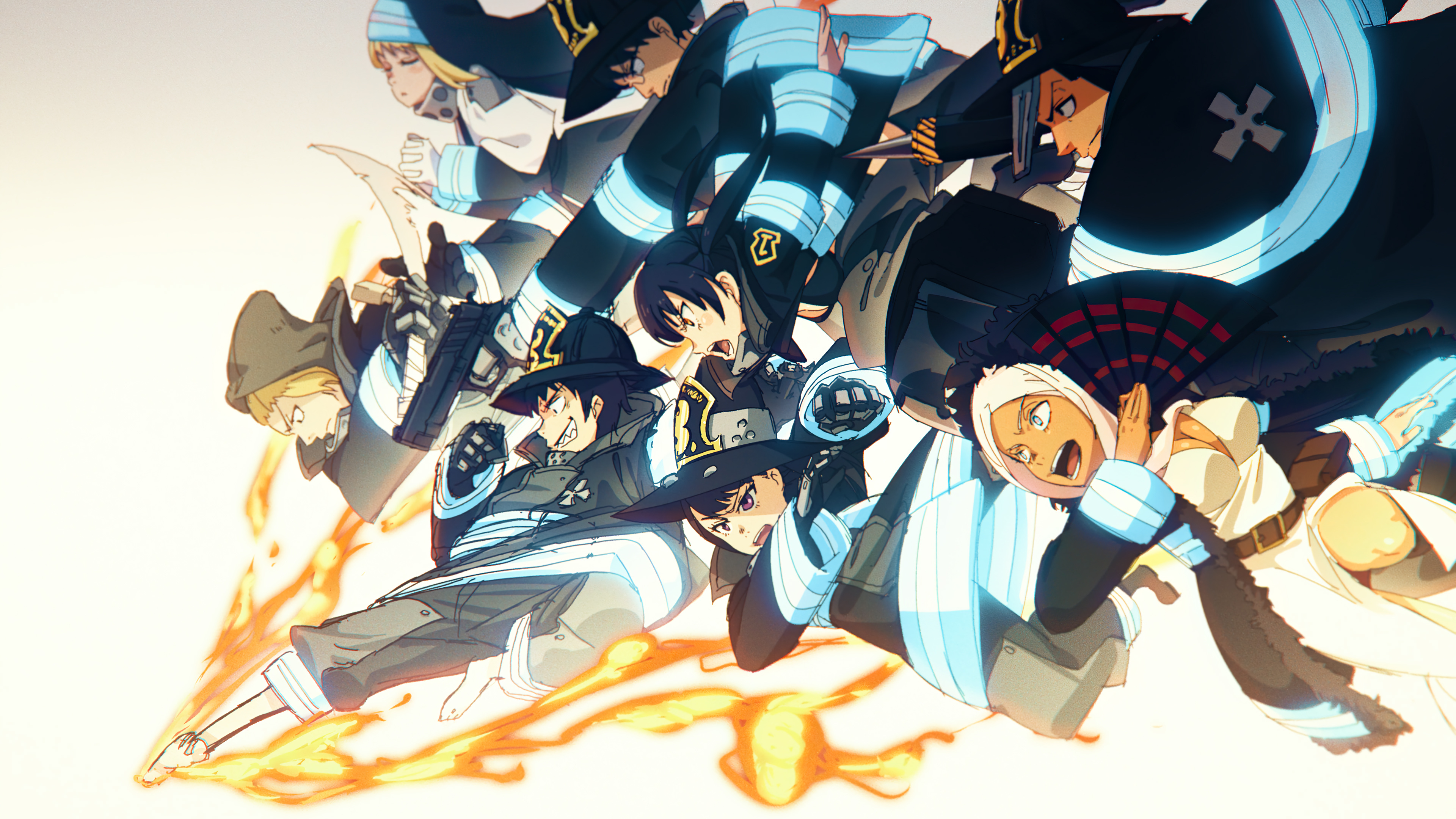 Shinra Kusakabe from Fire Force in a dynamic anime poster pose surrounded by intense flames.