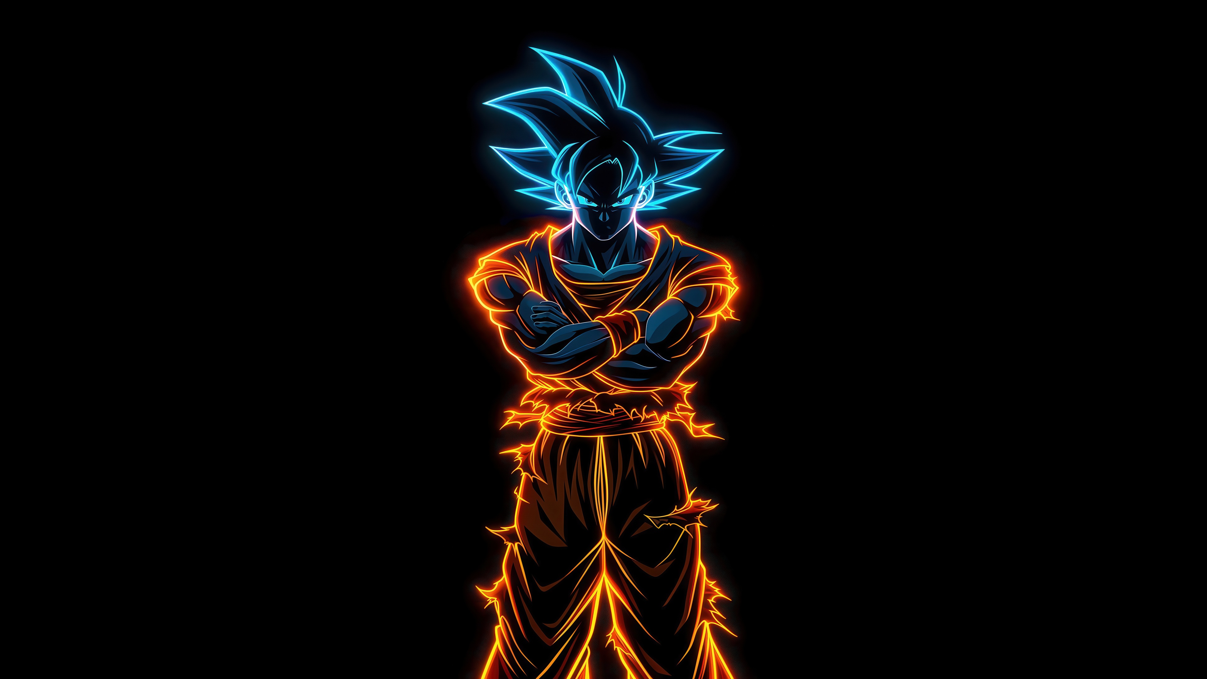 A glowing, high-contrast portrait of Son Goku from Dragon Ball against a pitch-black background.