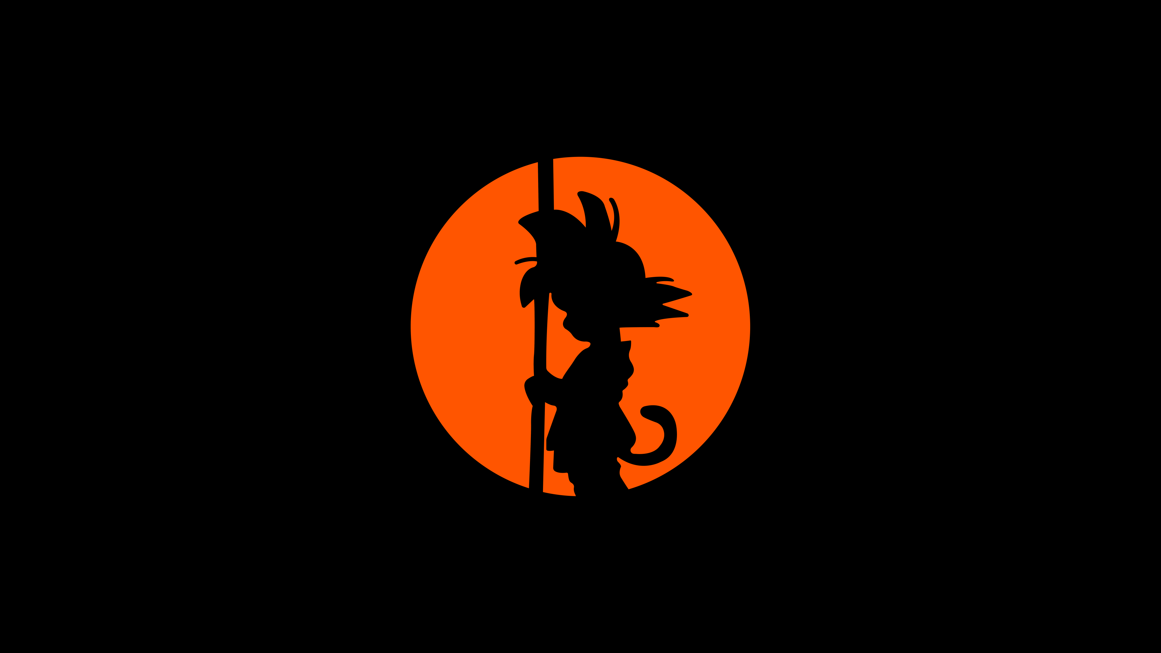 Minimalist black silhouette of Son Goku from Dragon Ball against a solid black background.