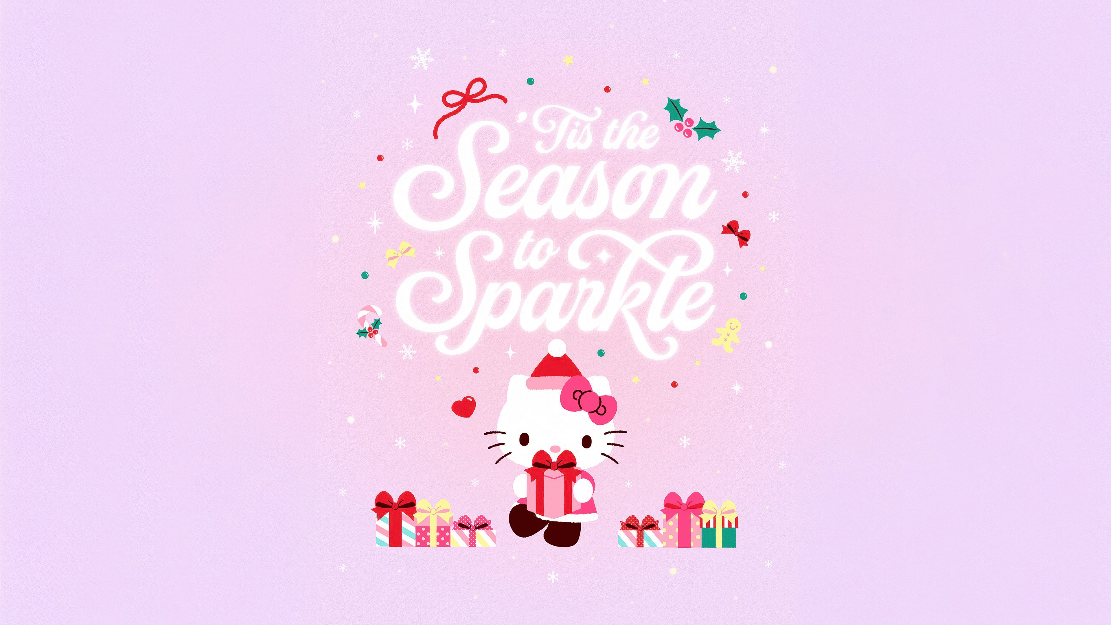 Hello Kitty surrounded by sparkling pink Christmas gifts and festive decorations on a baby pink background.