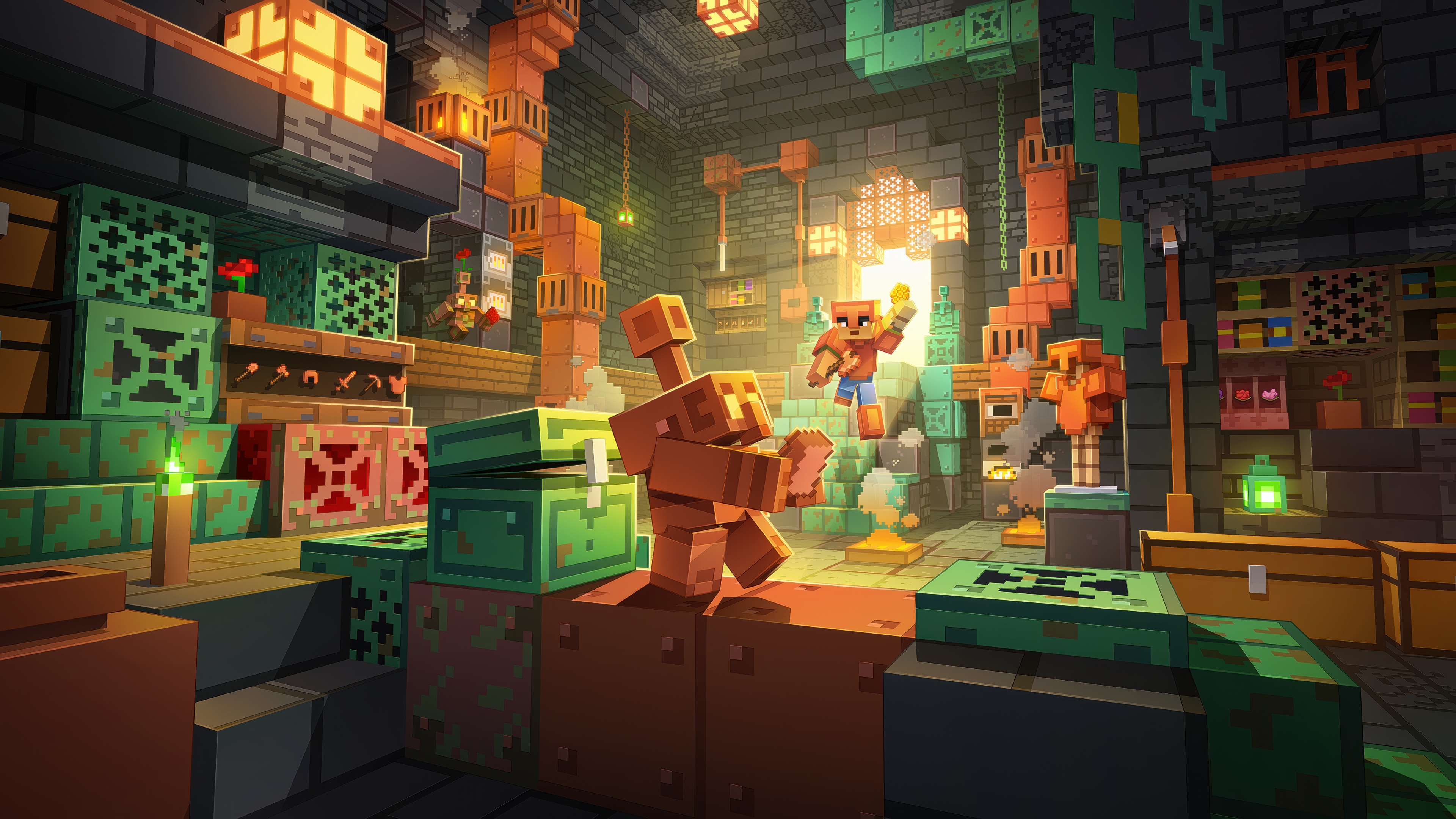 A high-resolution 5K image of the Minecraft character Steve standing in a lush, blocky voxel world.