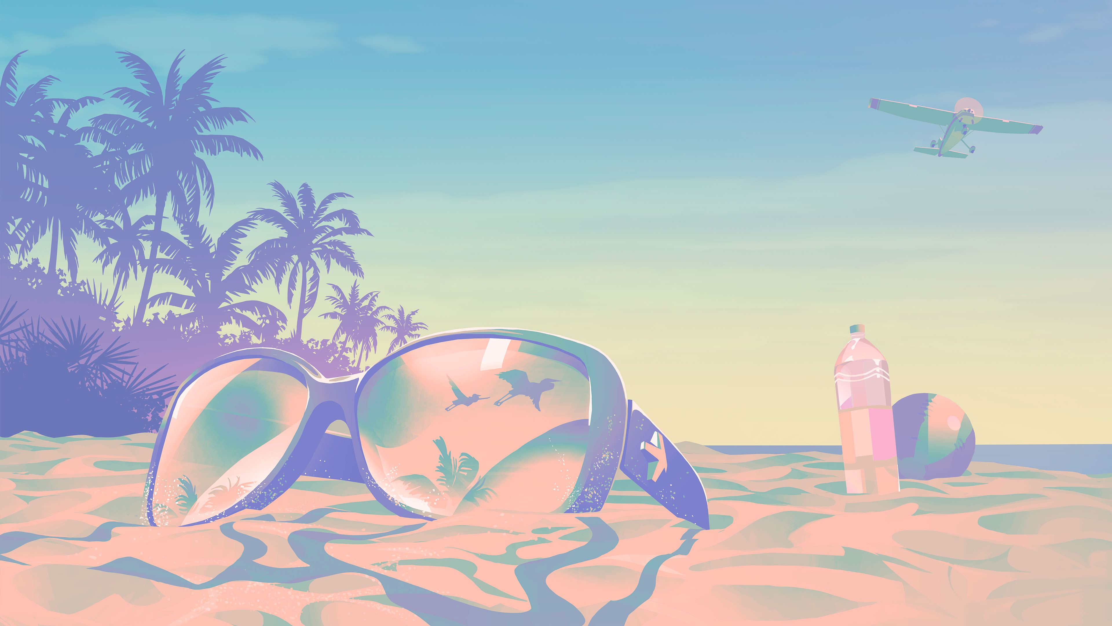 A character wearing goggles relaxing on a sunny tropical beach, inspired by the Grand Theft Auto VI setting of Leonida.