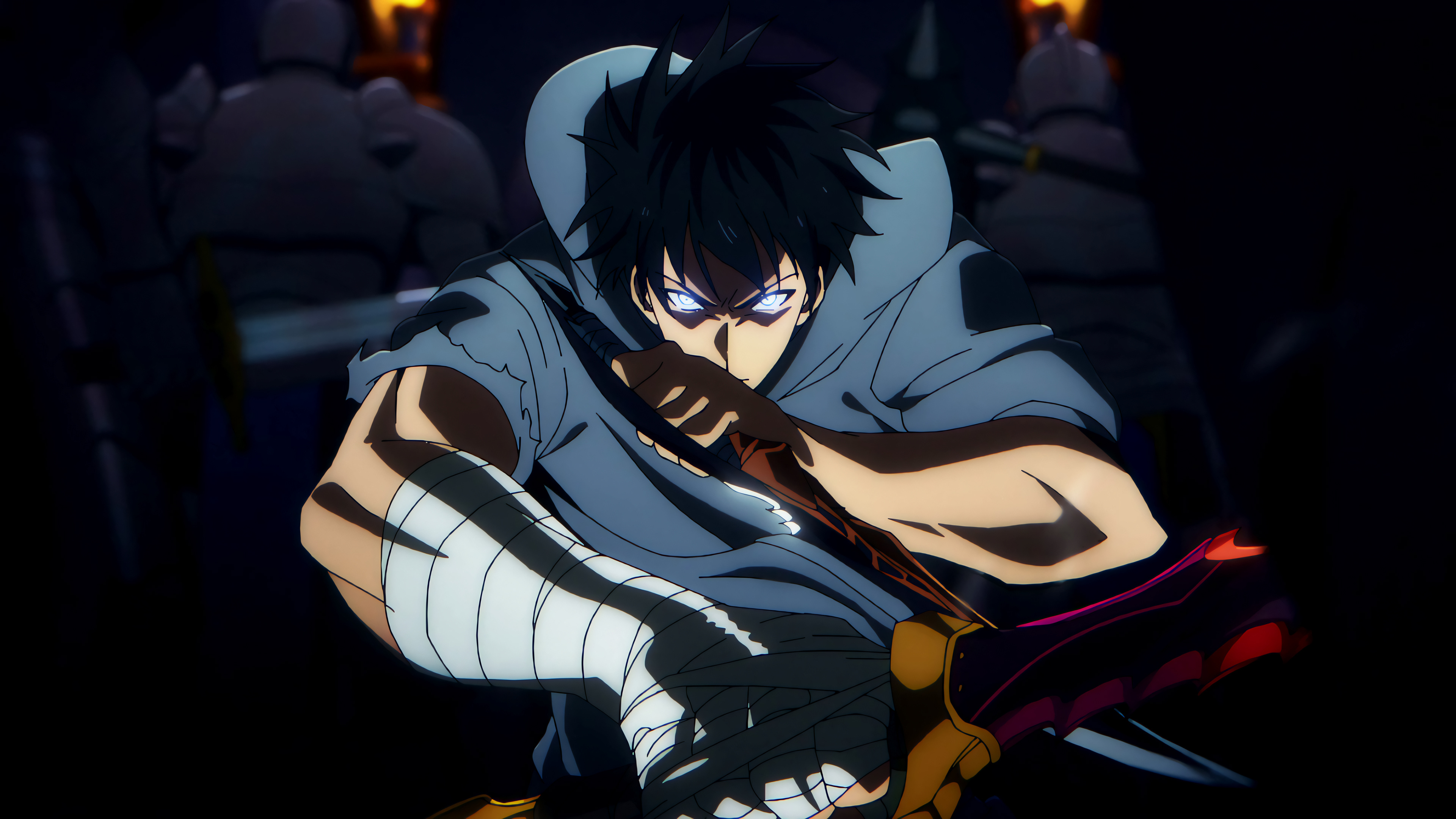 Sung Jinwoo from Solo Leveling holding a dagger in a fearless battle pose.