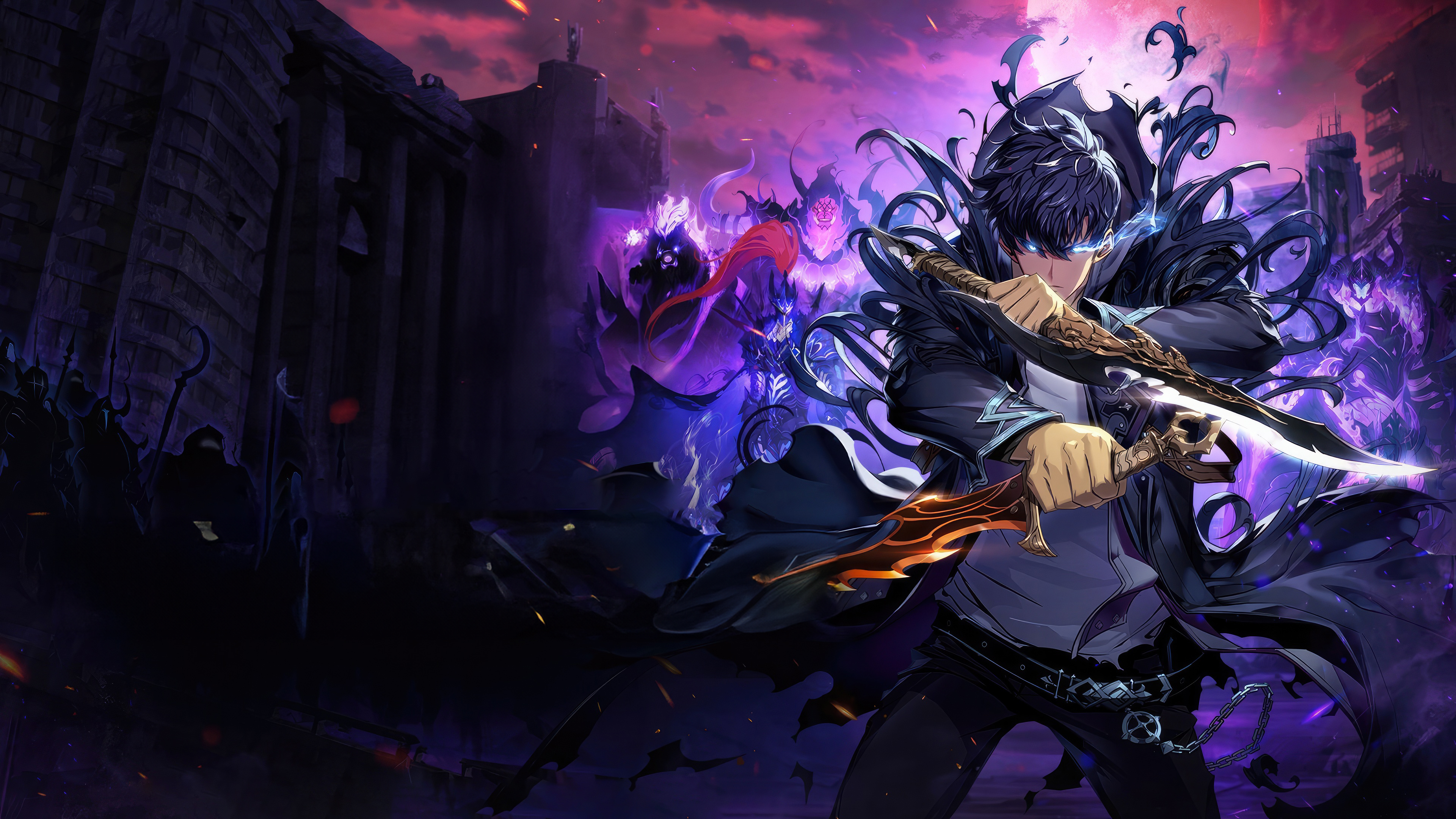 Cinematic game art featuring Sung Jinwoo from Solo Leveling: Arise with dramatic lighting and shadows.