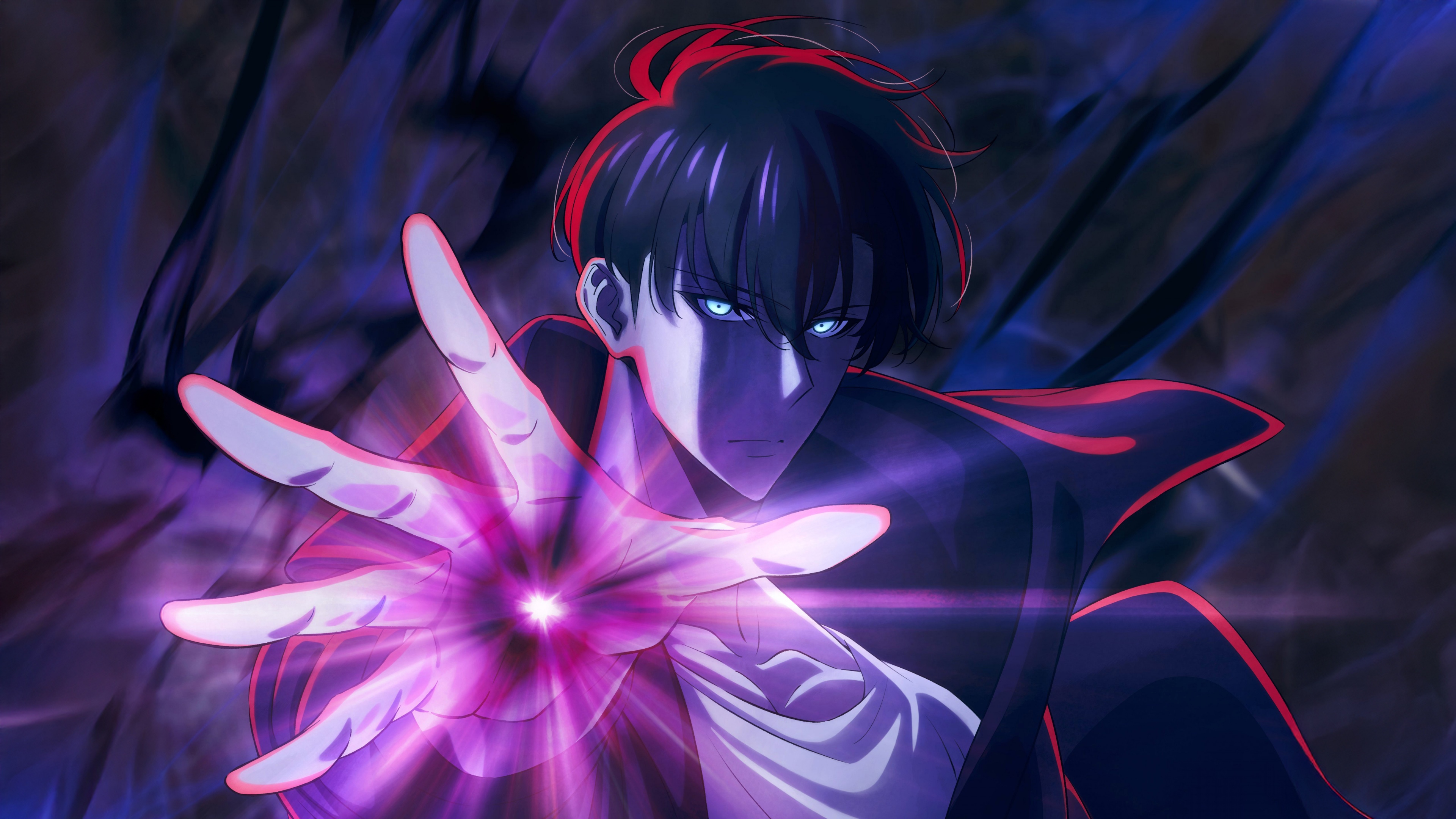 Sung Jinwoo from Solo Leveling in a dark purple aesthetic theme.