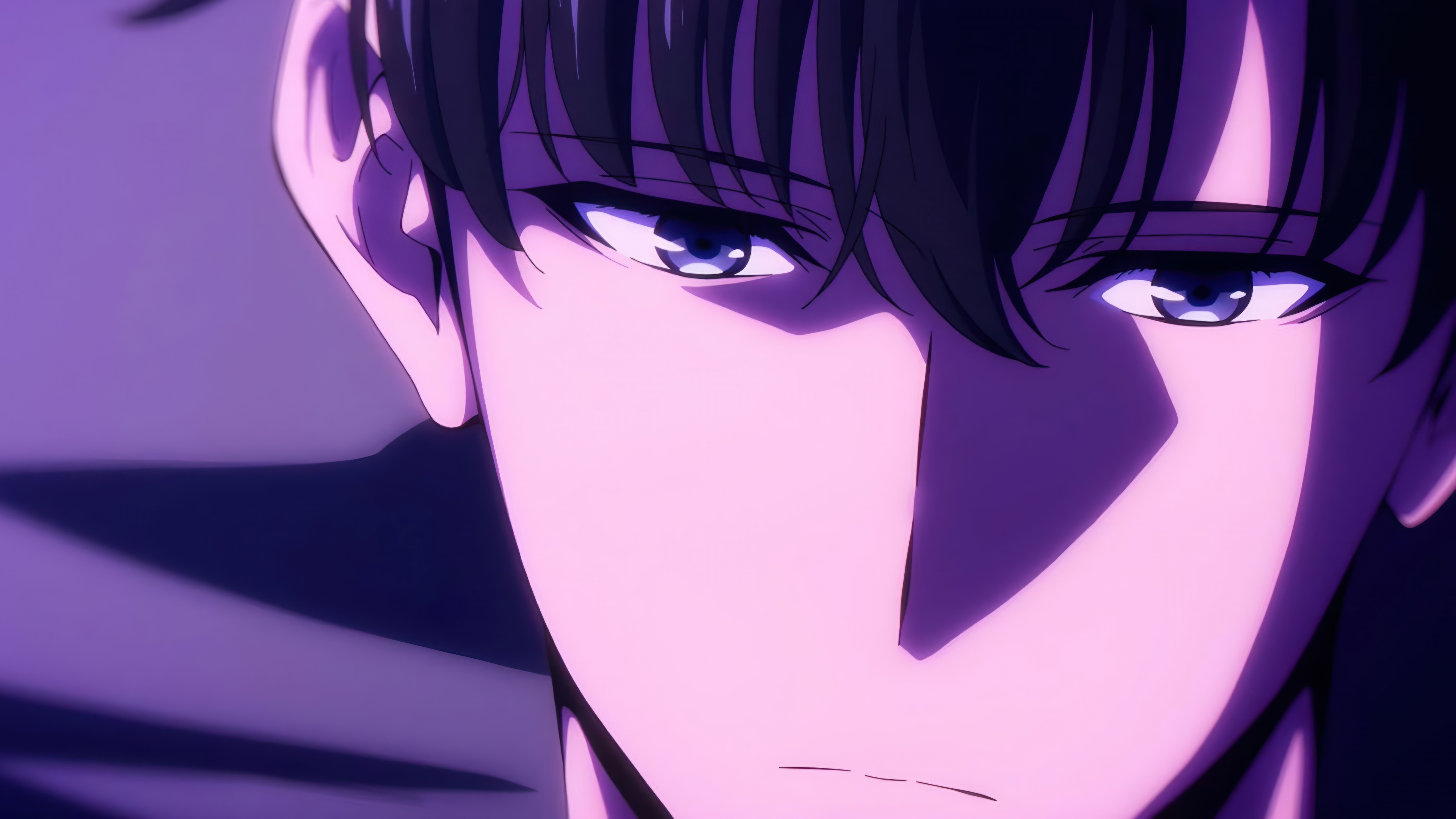 Sung Jinwoo from Solo Leveling enveloped in a dark purple aesthetic with glowing eyes and shadow energy.