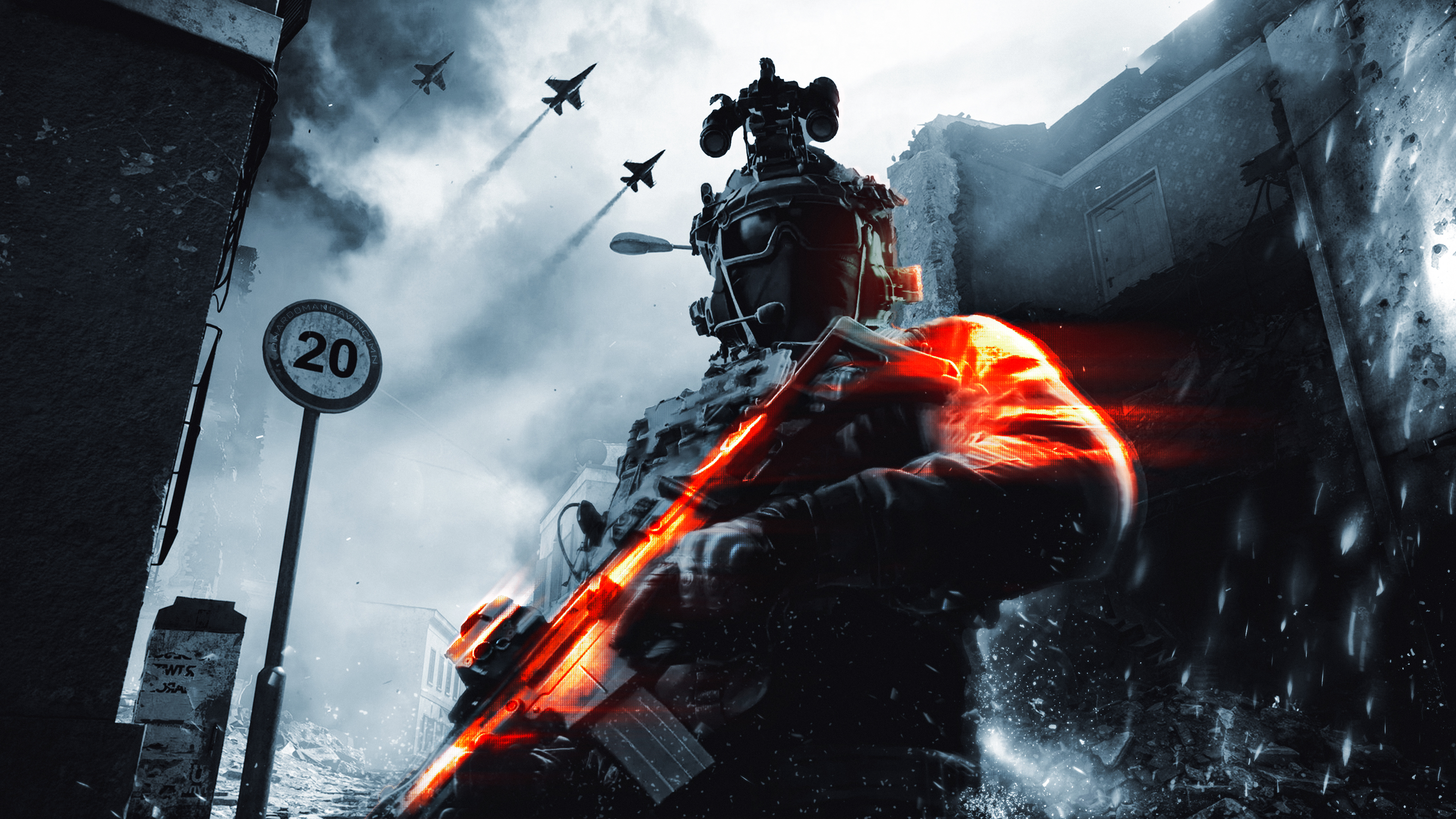 A soldier in detailed tactical gear standing in a battlefield setting, rendered in game art style.