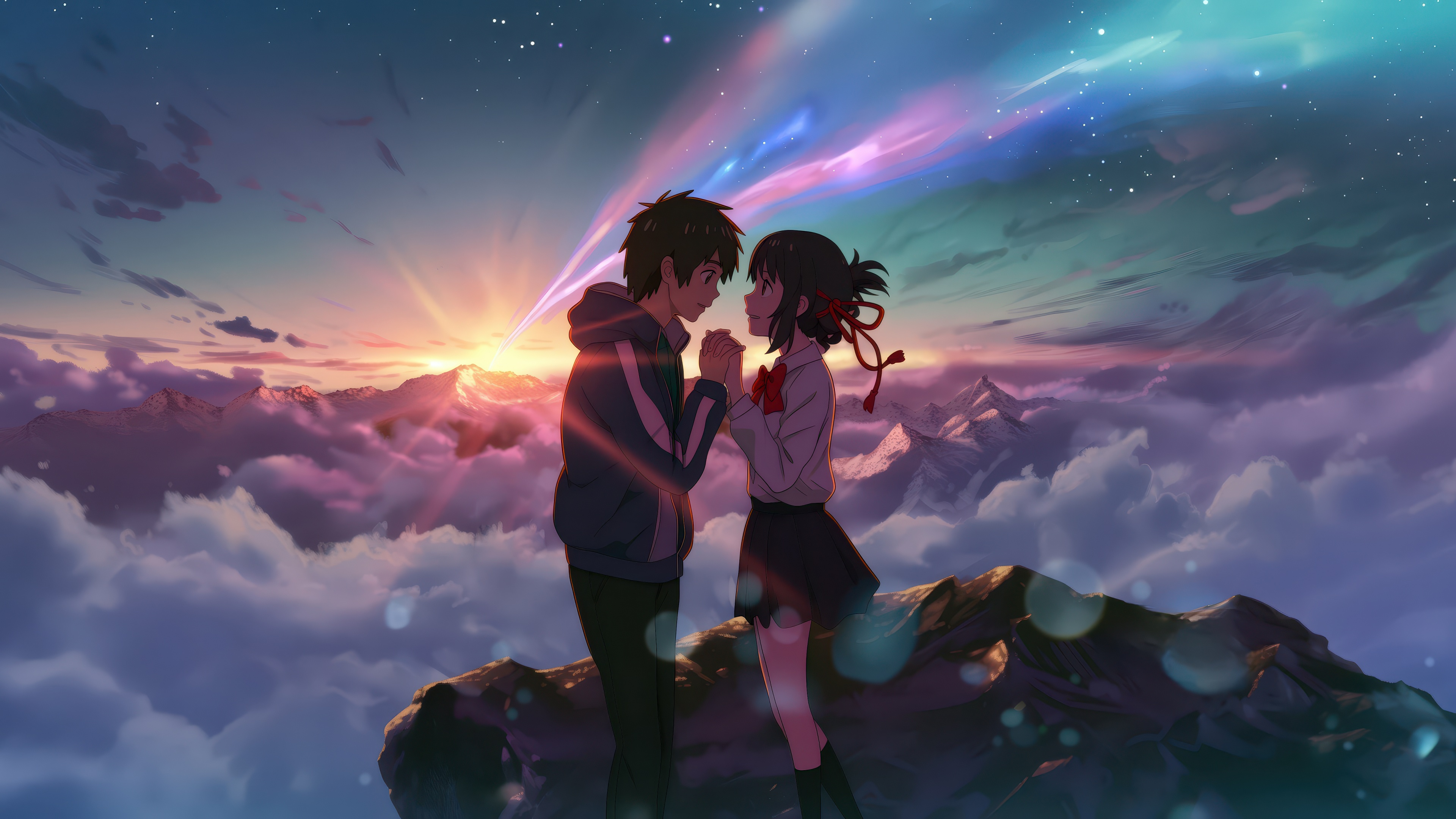 Taki Tachibana and Mitsuha Miyamizu from the anime Your Name standing under a magnificent sky filled with Comet Tiamat and shooting stars.