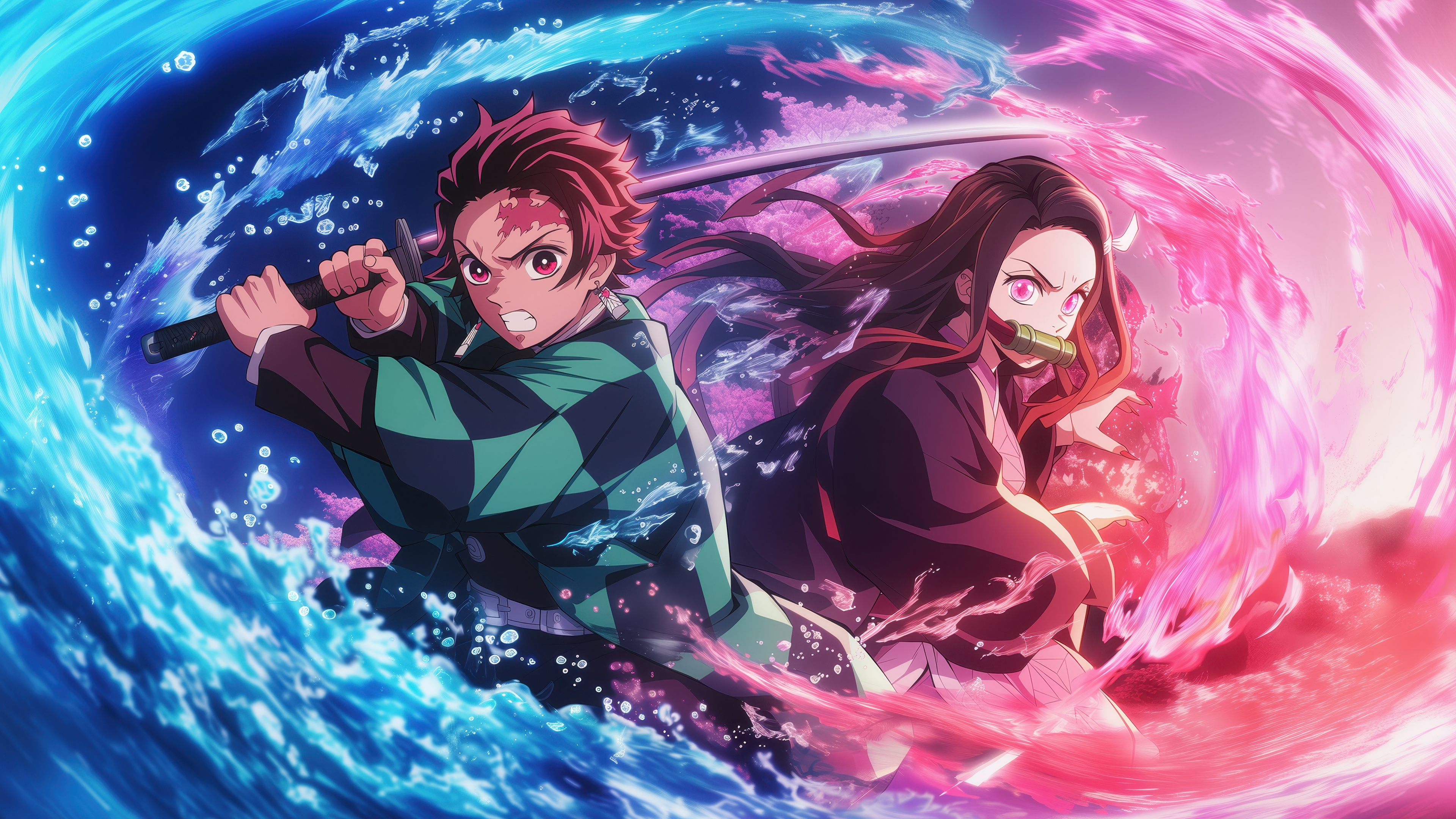 Tanjiro Kamado performing Water Breathing alongside Nezuko Kamado from Demon Slayer: Kimetsu no Yaiba