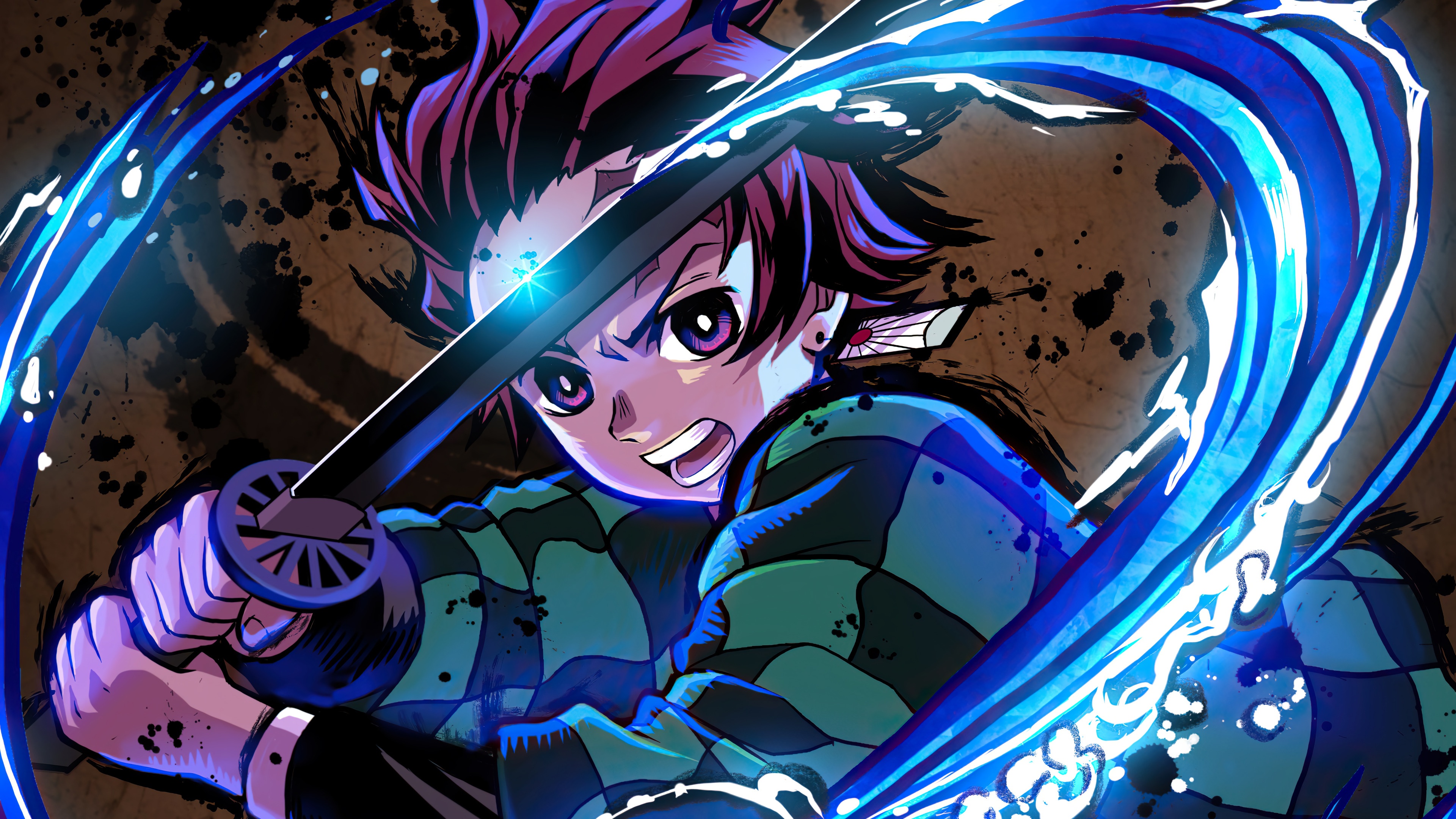 Tanjiro Kamado from Demon Slayer: Kimetsu no Yaiba featuring his signature hanafuda earrings and intense gaze.