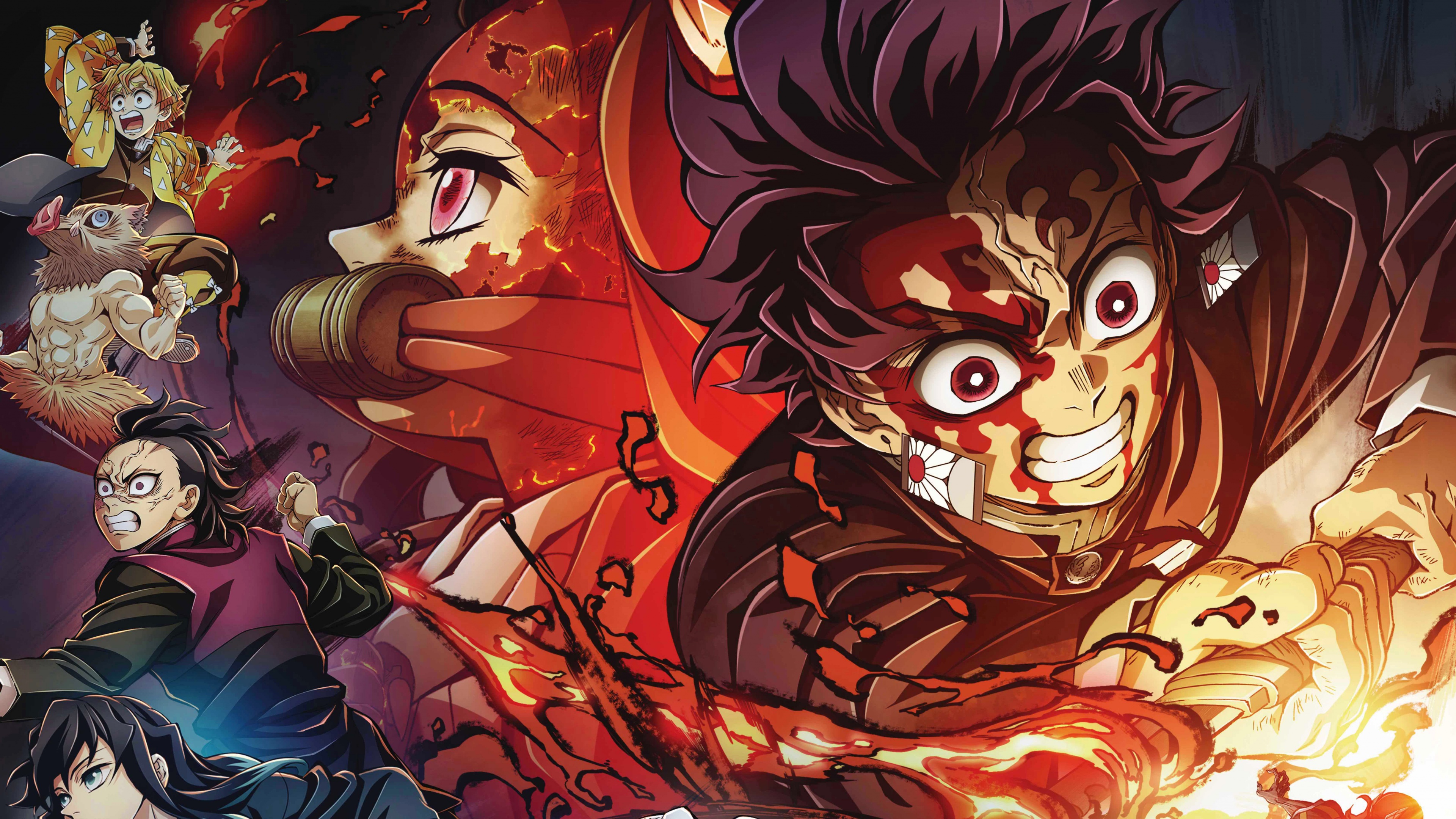 A panoramic cinematic scene of Tanjiro Kamado, Nezuko Kamado, and Inosuke Hashibira from the anime Demon Slayer: Kimetsu no Yaiba.