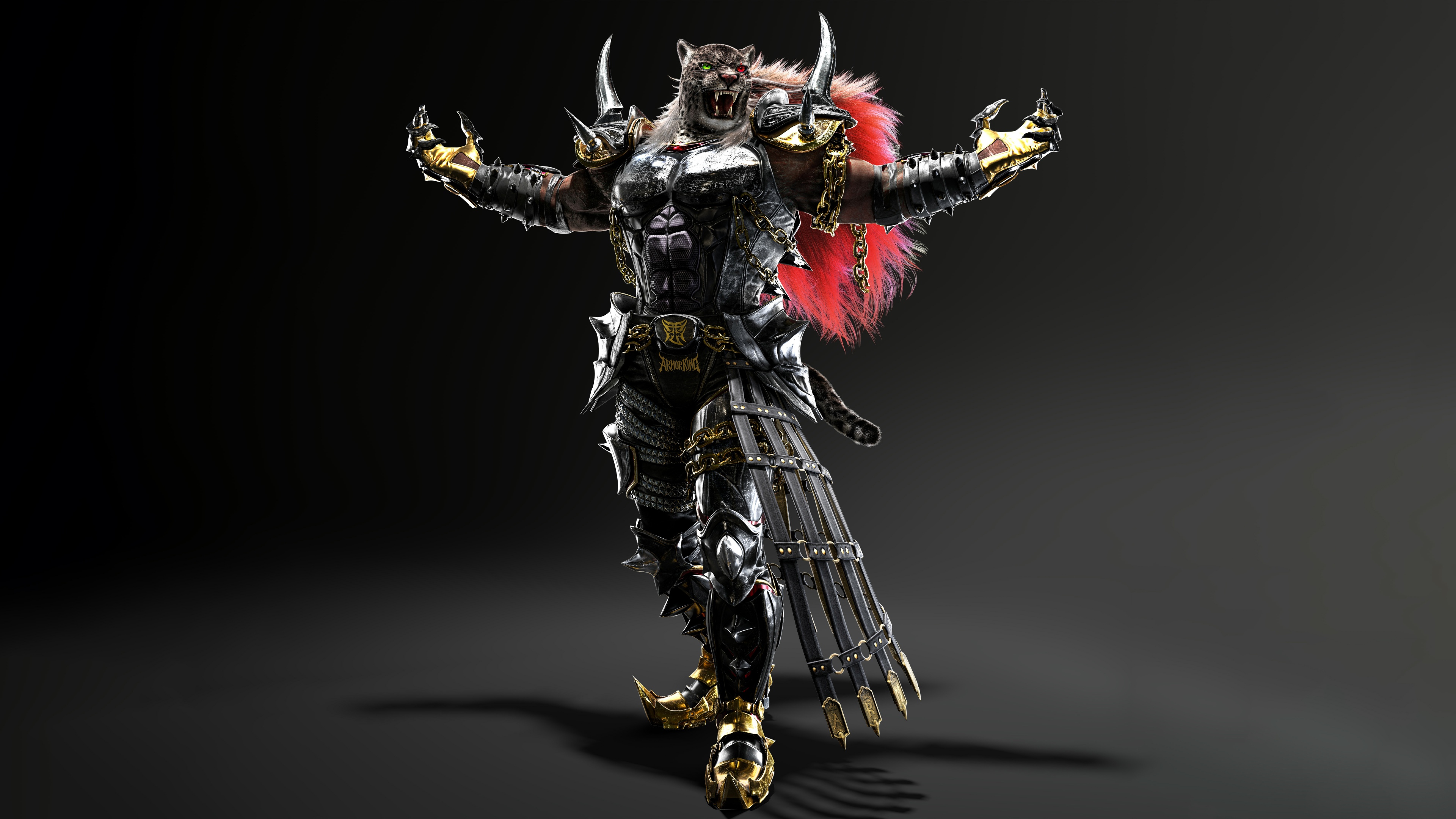 A cinematic 8K portrait of a character from Tekken 8, set against a dark and dramatic background.