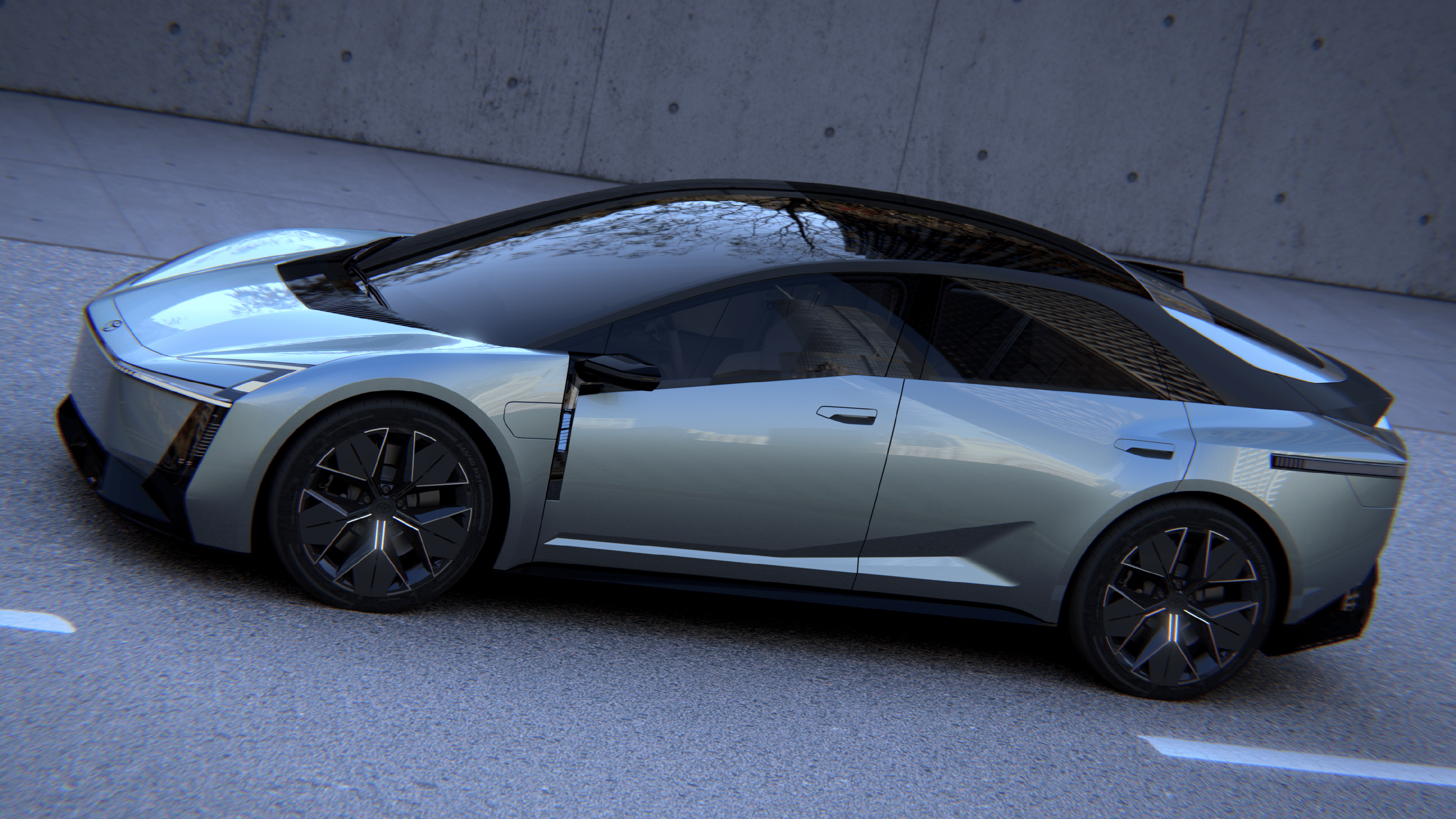 A futuristic hybrid car with advanced aerodynamic features and modern technology set in a 2025 environment.