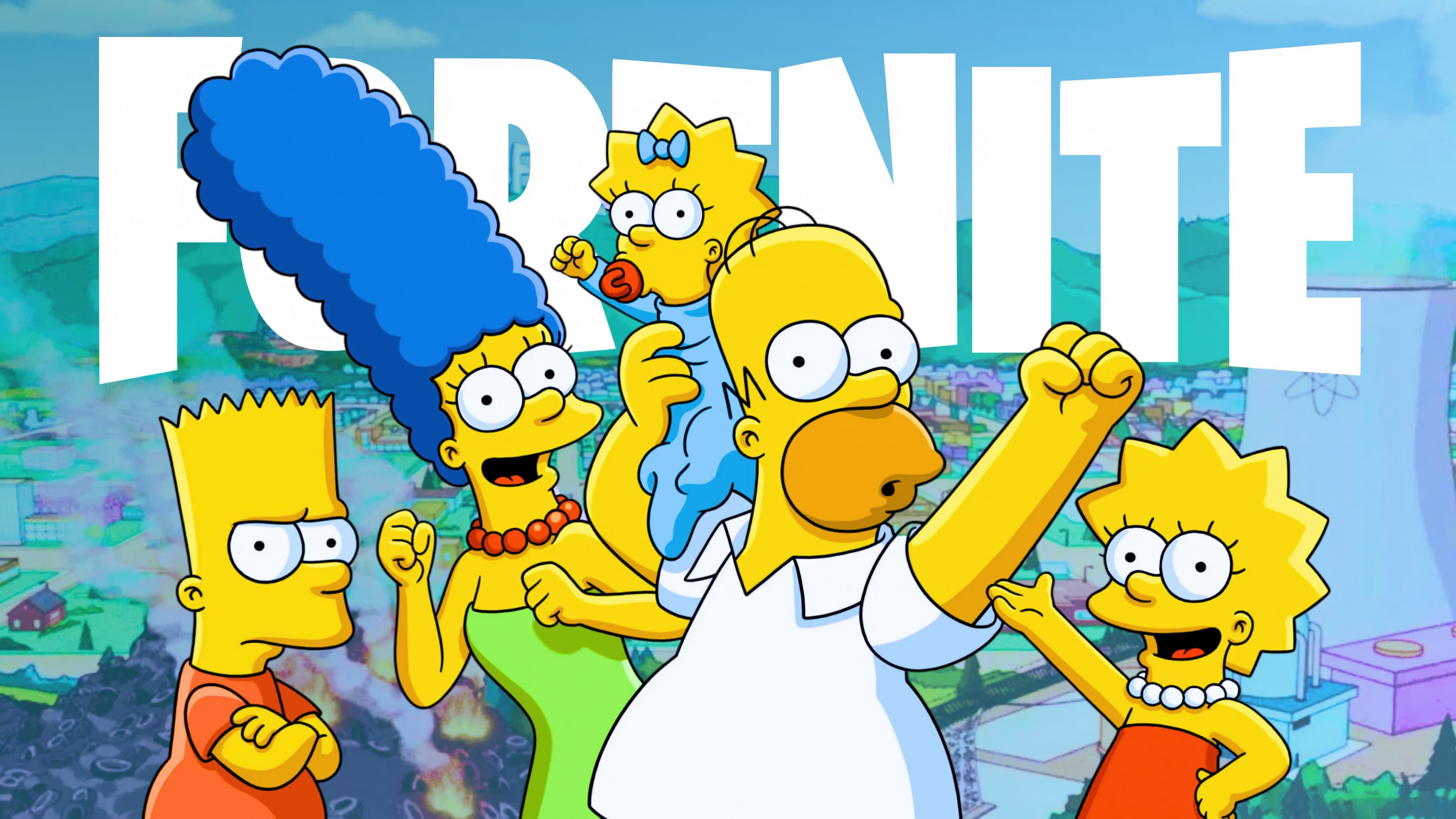 The Simpson family, including Homer, Marge, Bart, Lisa, and Maggie Simpson, rendered in the colorful 3D aesthetic of the video game Fortnite.