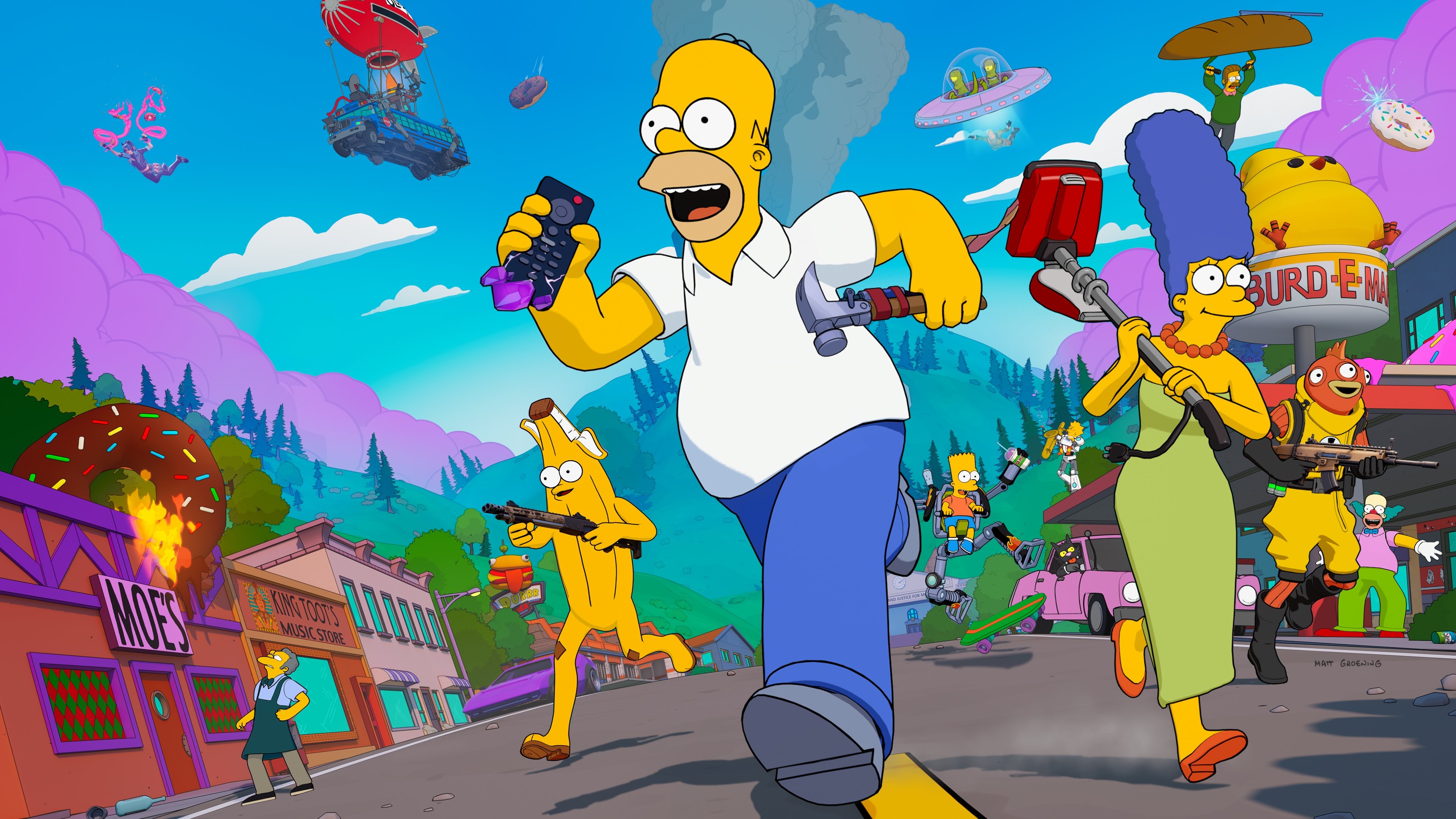 Homer, Marge, and Bart Simpson from The Simpsons reimagined as playable characters in a Fortnite battle royale setting.