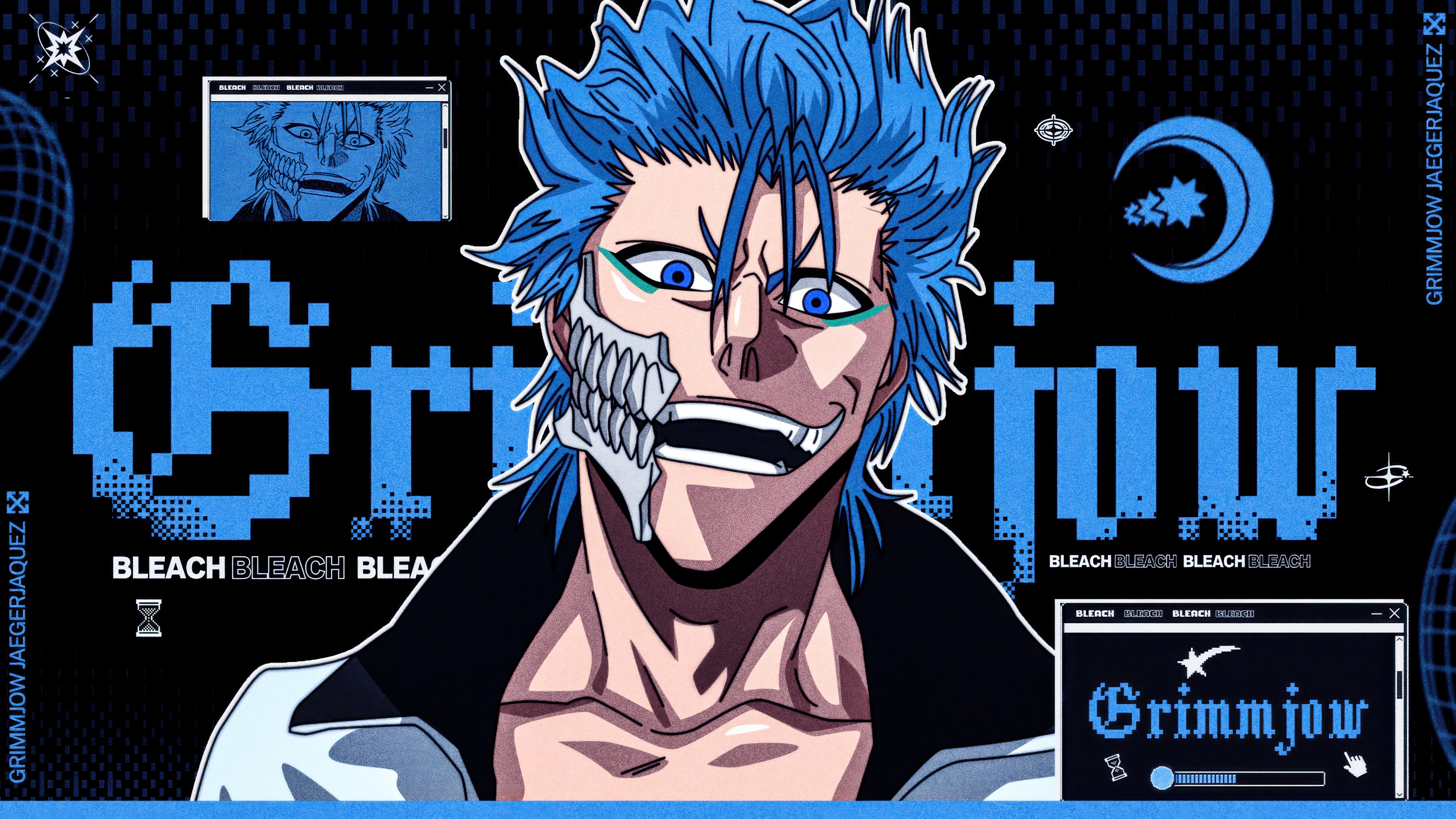 A high-detail 5K cinematic portrait of Ulquiorra Cifer from Bleach in a blue and black color scheme.
