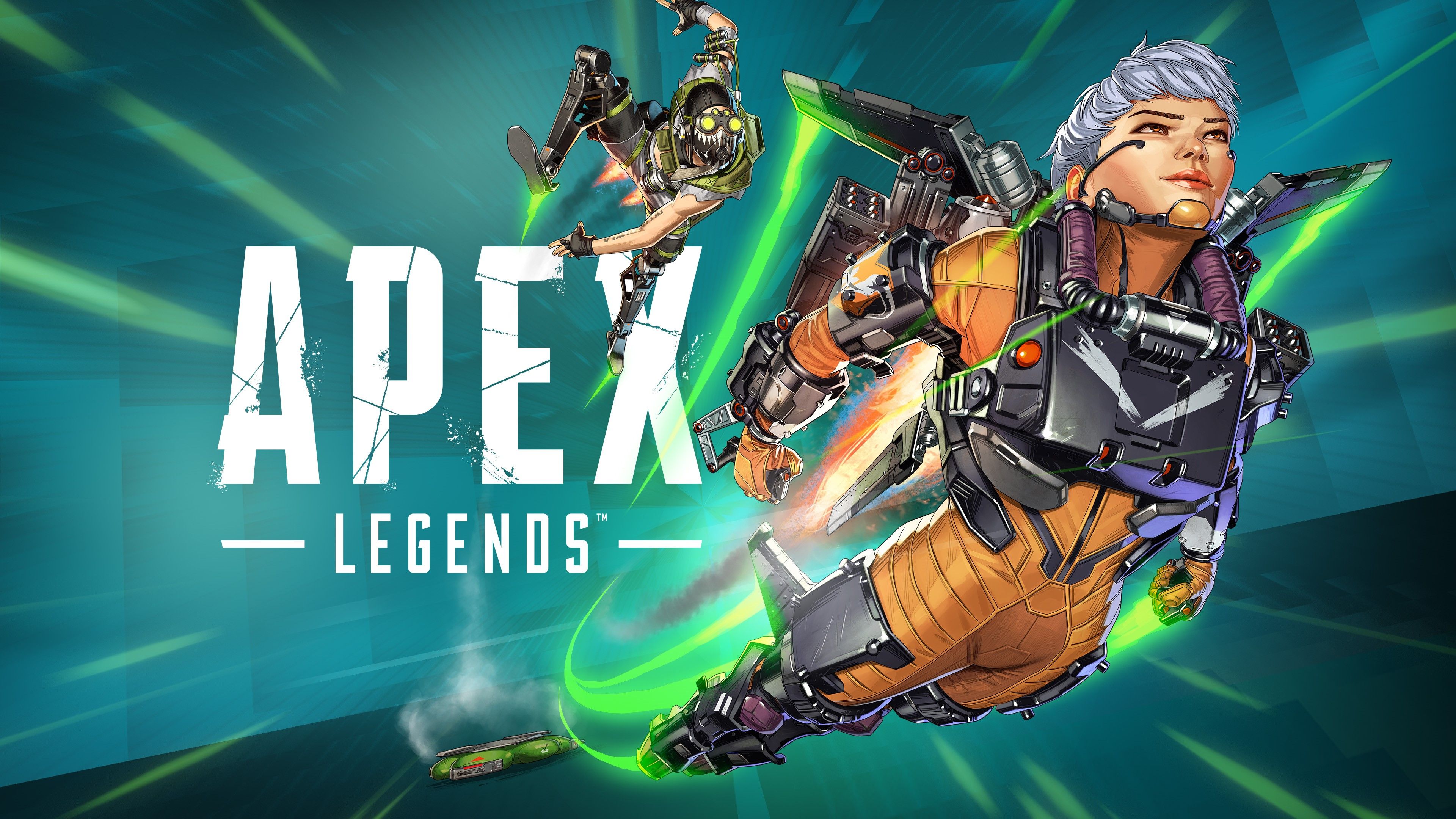 Valkyrie from Apex Legends posing in a dramatic, high-action game poster design.