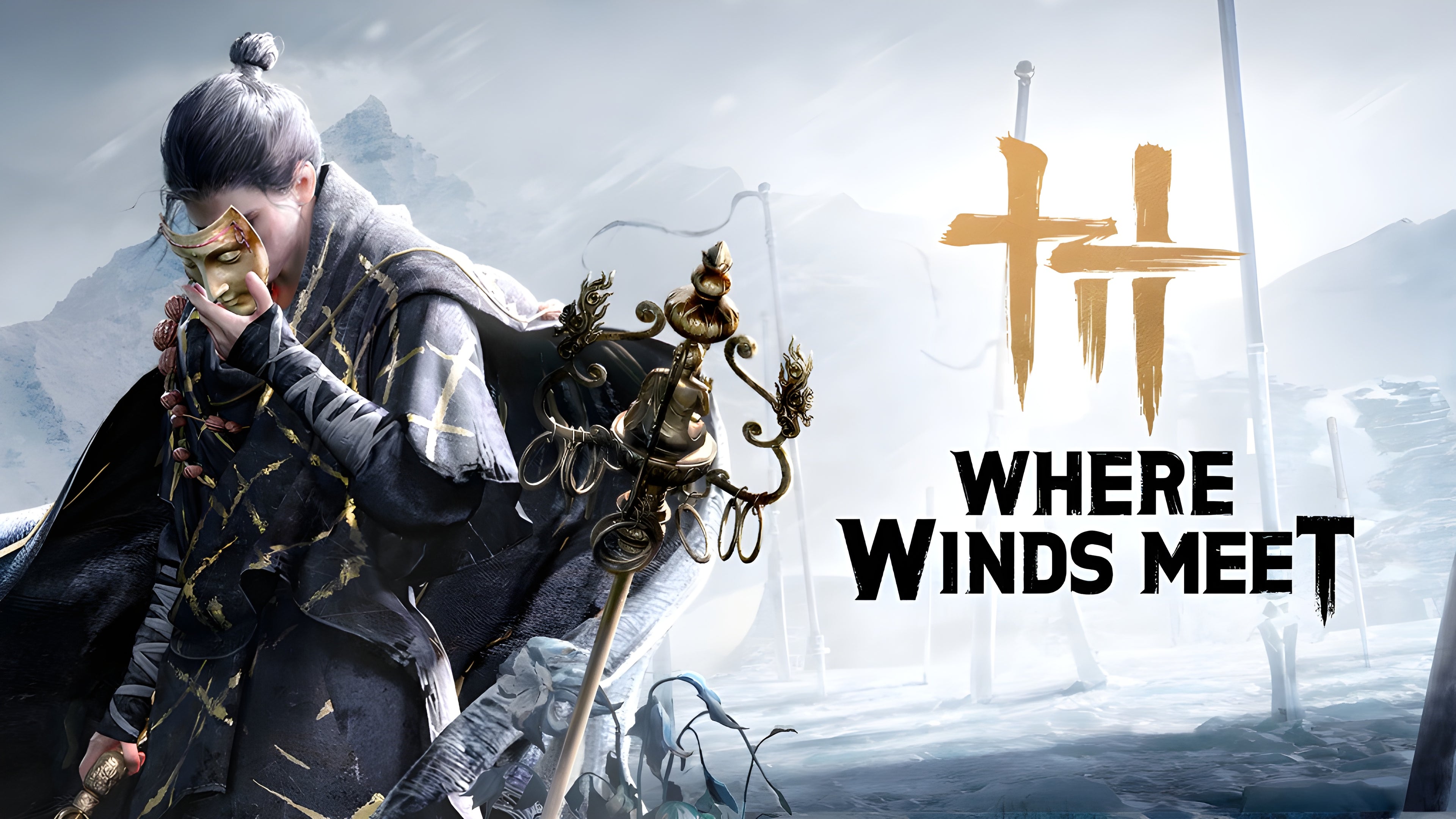 A dramatic game poster for Where Winds Meet featuring a wuxia warrior in a wind-swept, cinematic landscape.