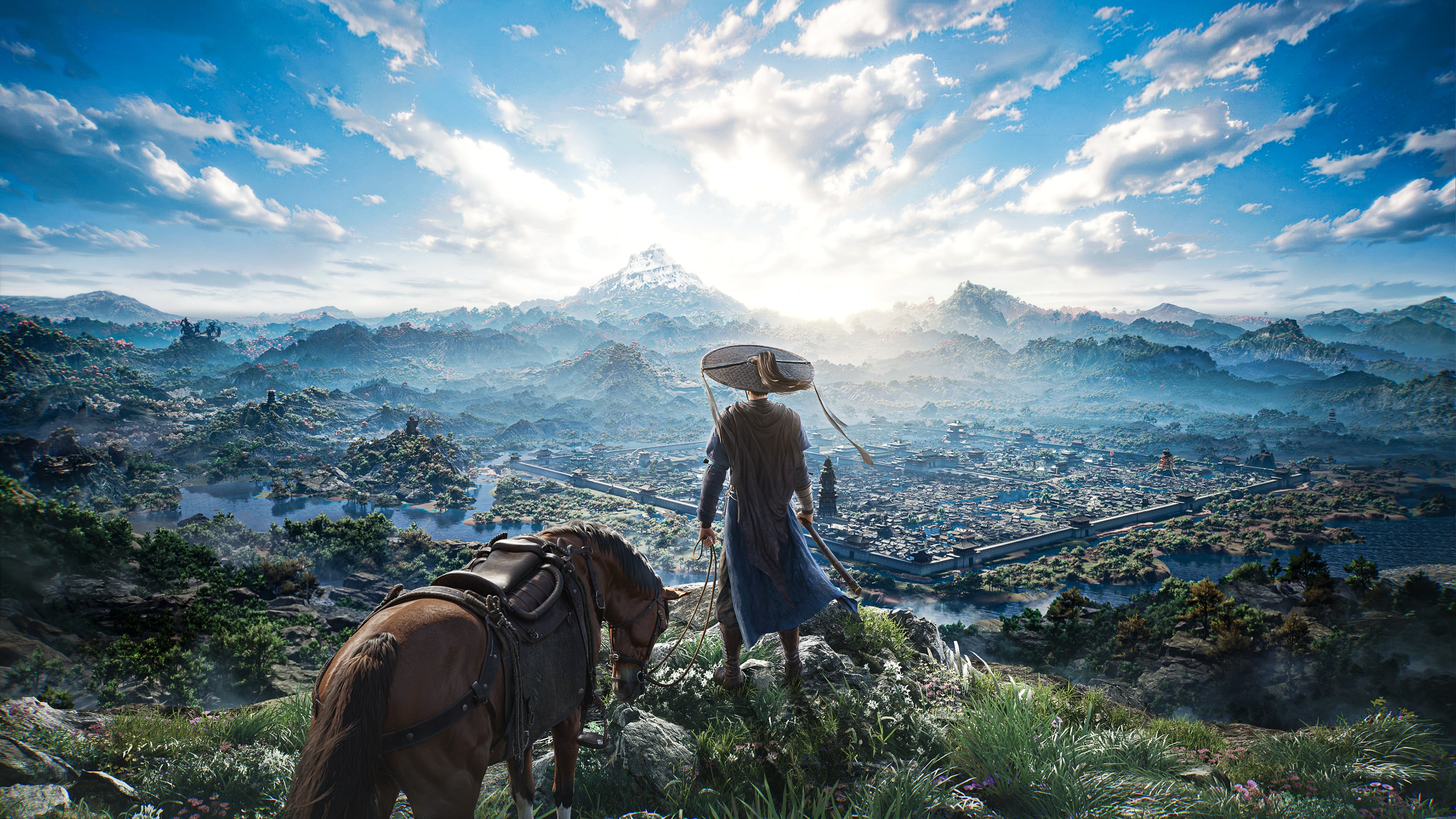 A solitary wuxia warrior standing amidst a vast, misty mountain landscape from the game Where Winds Meet.