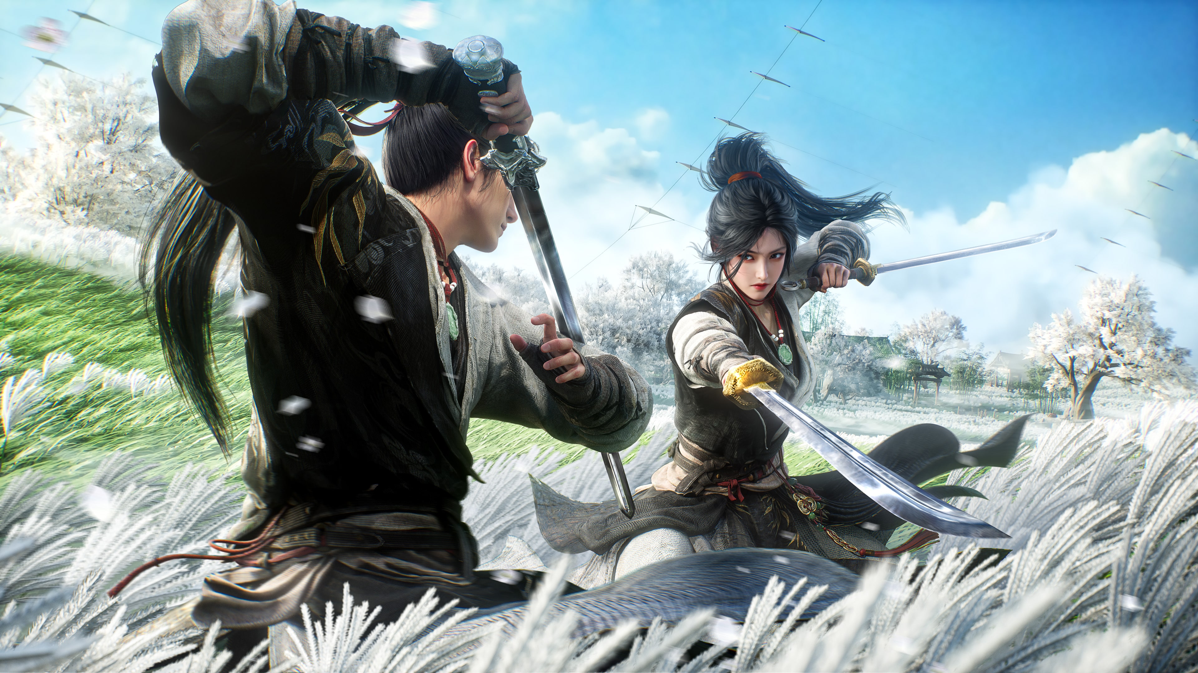 A detailed character from the game Where Winds Meet in traditional martial arts attire amidst a scenic landscape.