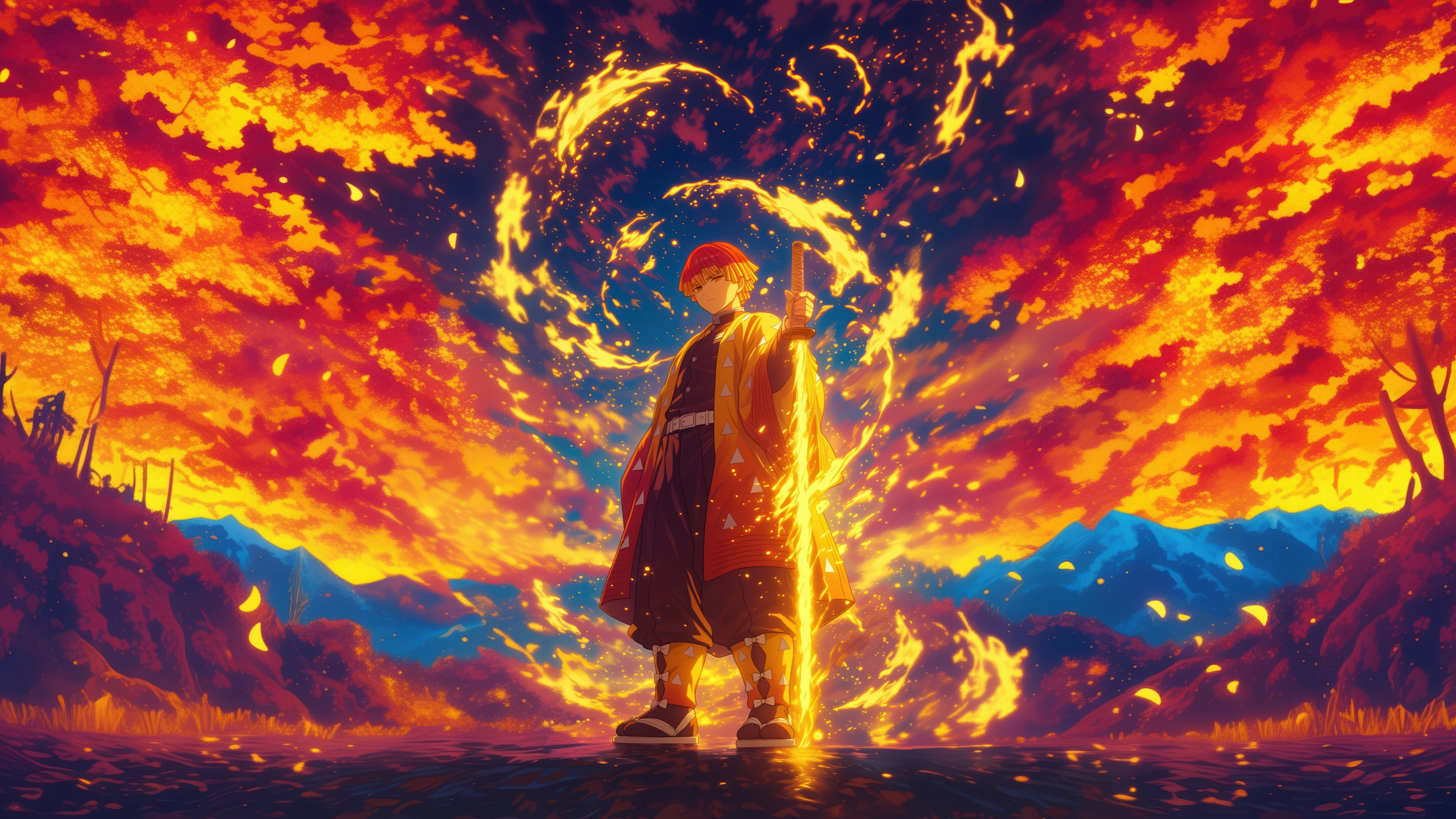 Zenitsu Agatsuma from Demon Slayer: Kimetsu no Yaiba surrounded by intense fire and flame effects