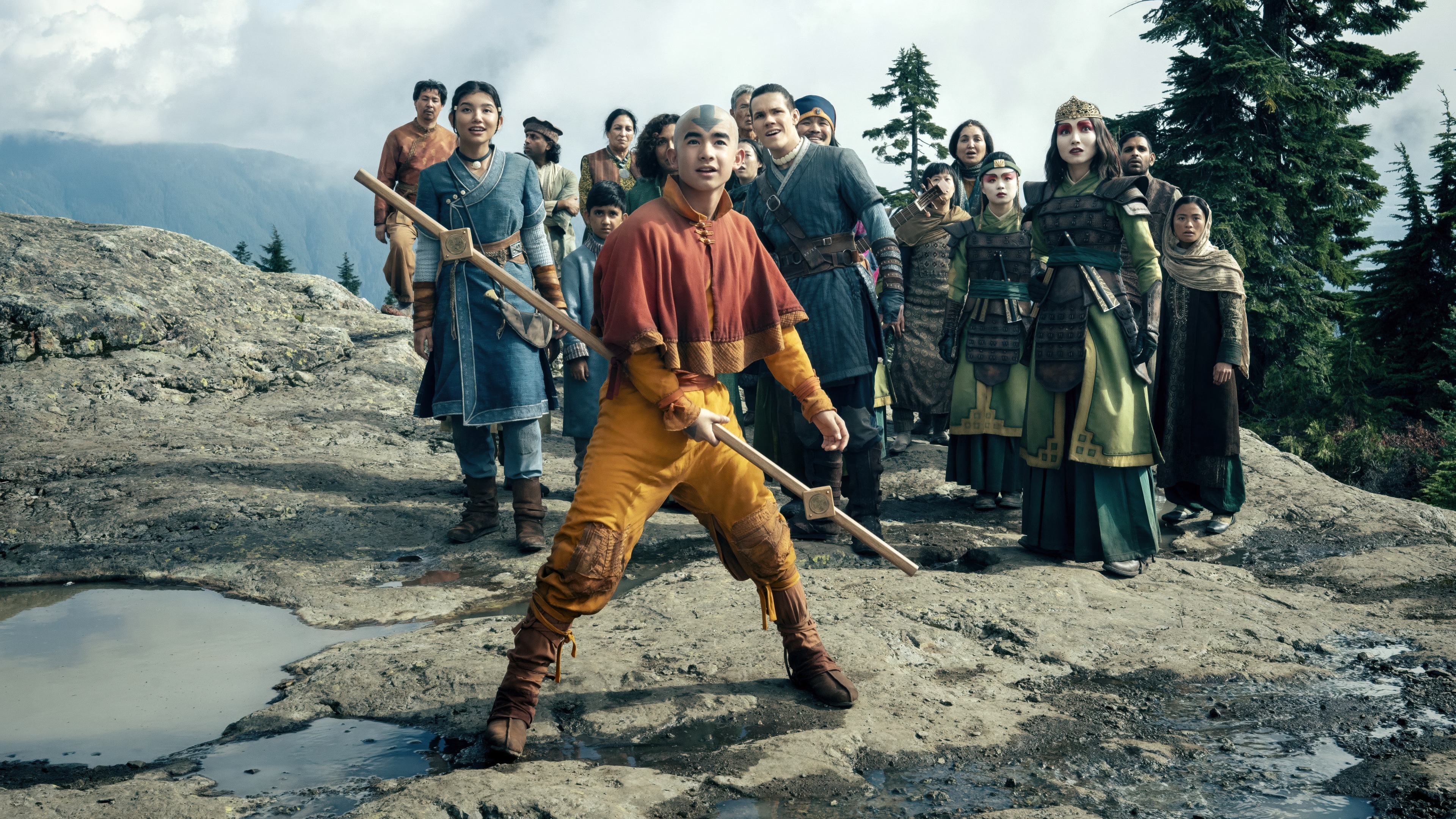 A cinematic, high-detail portrait of Aang, the Air Nomad, from the Netflix series Avatar: The Last Airbender.