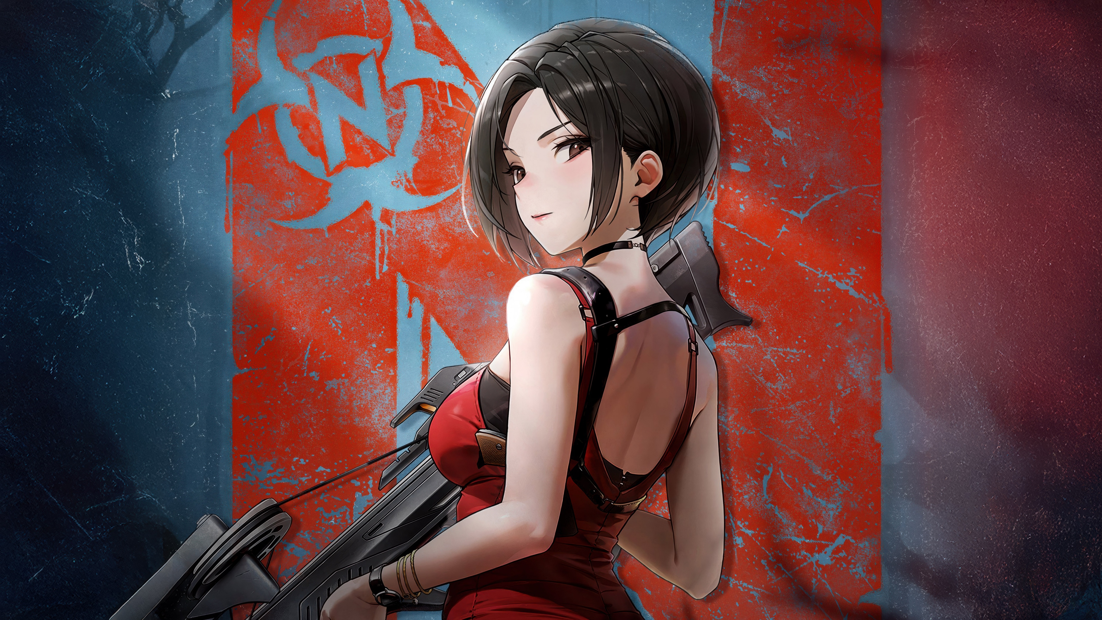 Anime illustration of Ada Wong from Resident Evil holding a crossbow, styled after Goddess of Victory: Nikke.