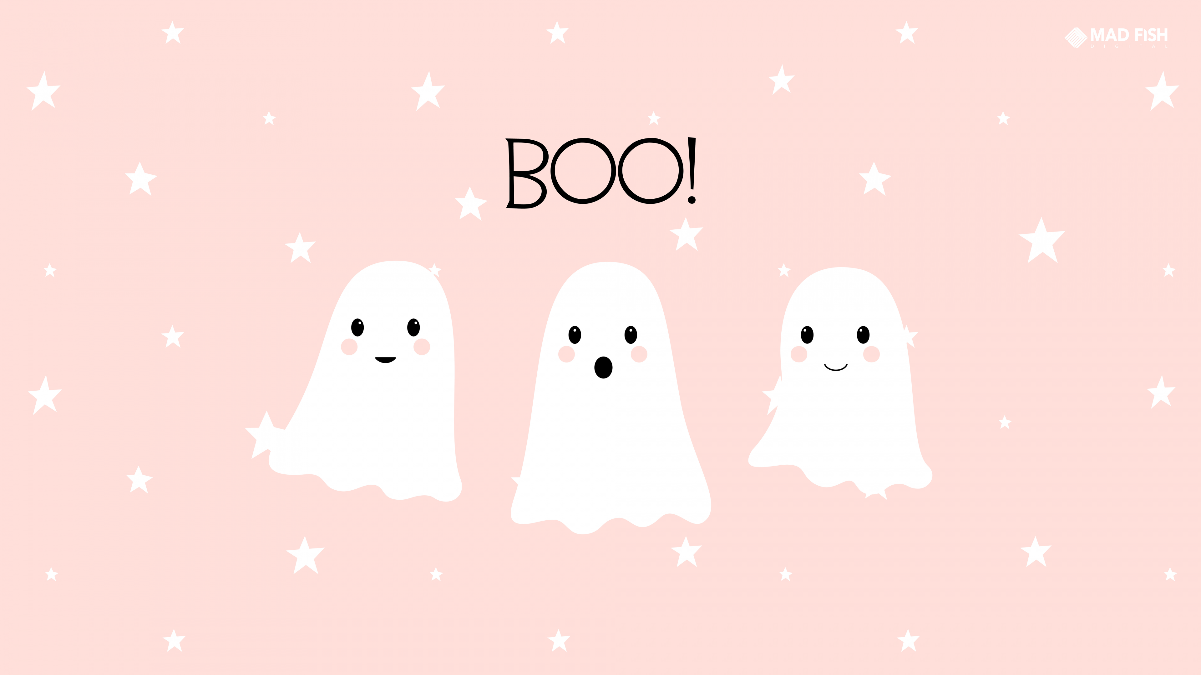 A cute, minimalist kawaii ghost character floating on a soft peach-colored background, capturing a sweet Halloween aesthetic.