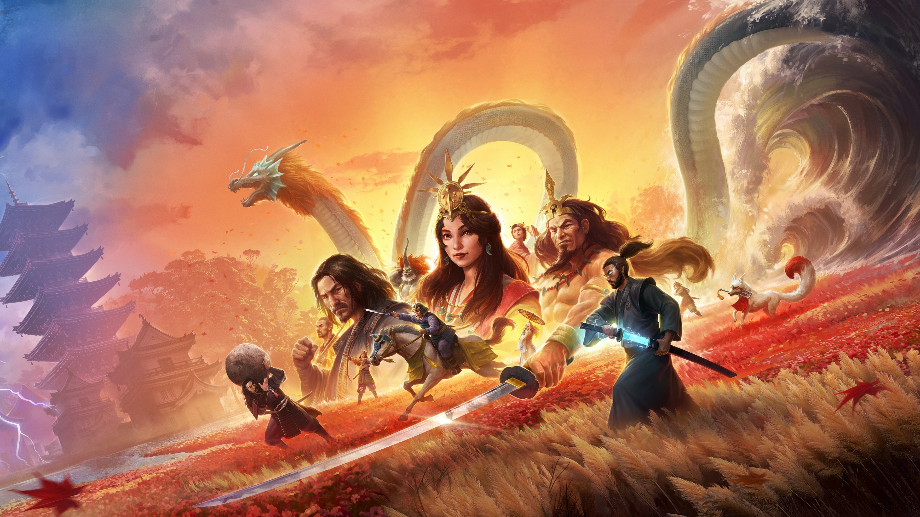 Cinematic key art of a legendary figure from Age of Mythology amidst a mythical landscape and divine light.