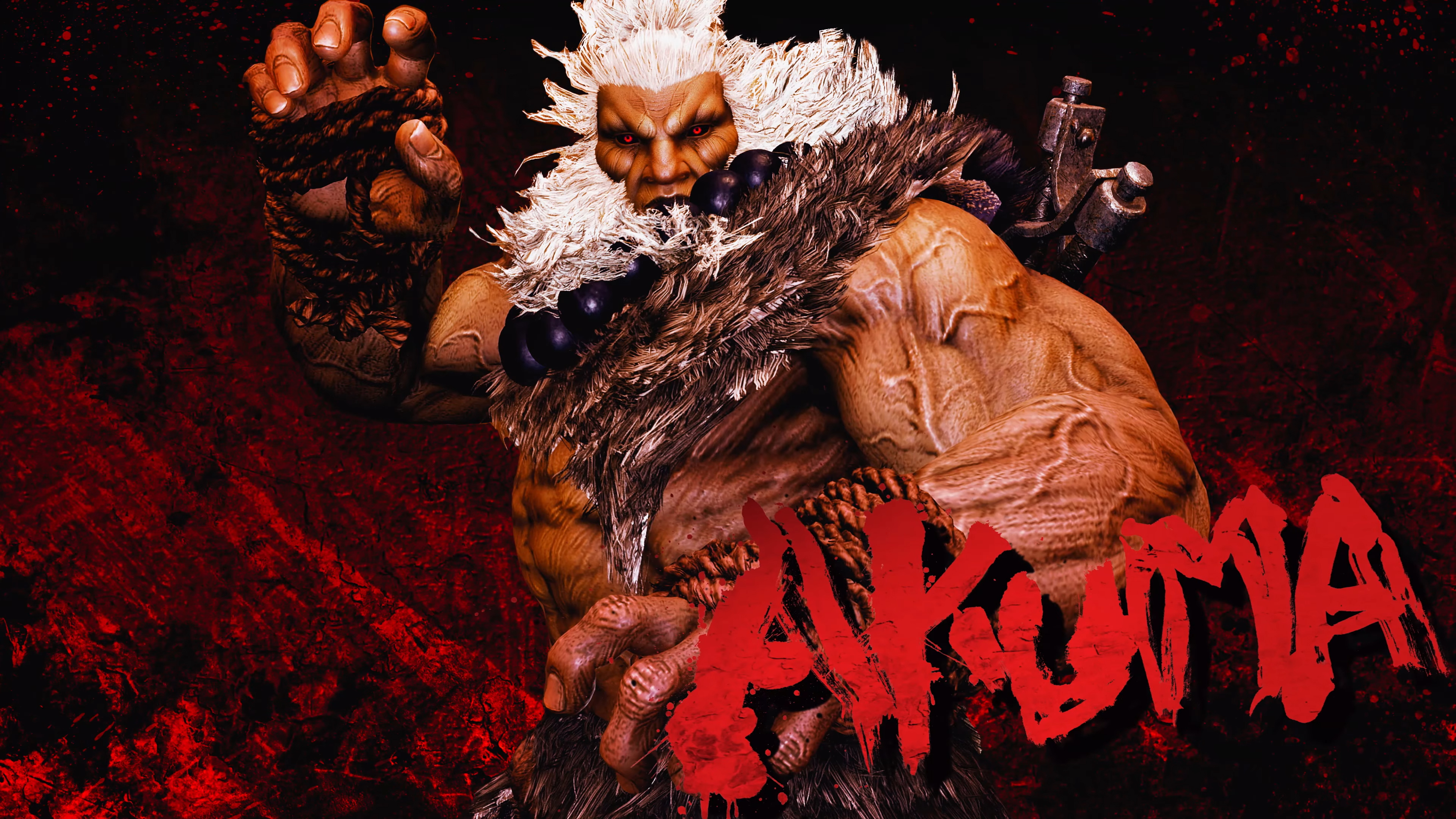 The legendary fighter Akuma from Street Fighter in a powerful martial arts pose with dark energy effects.