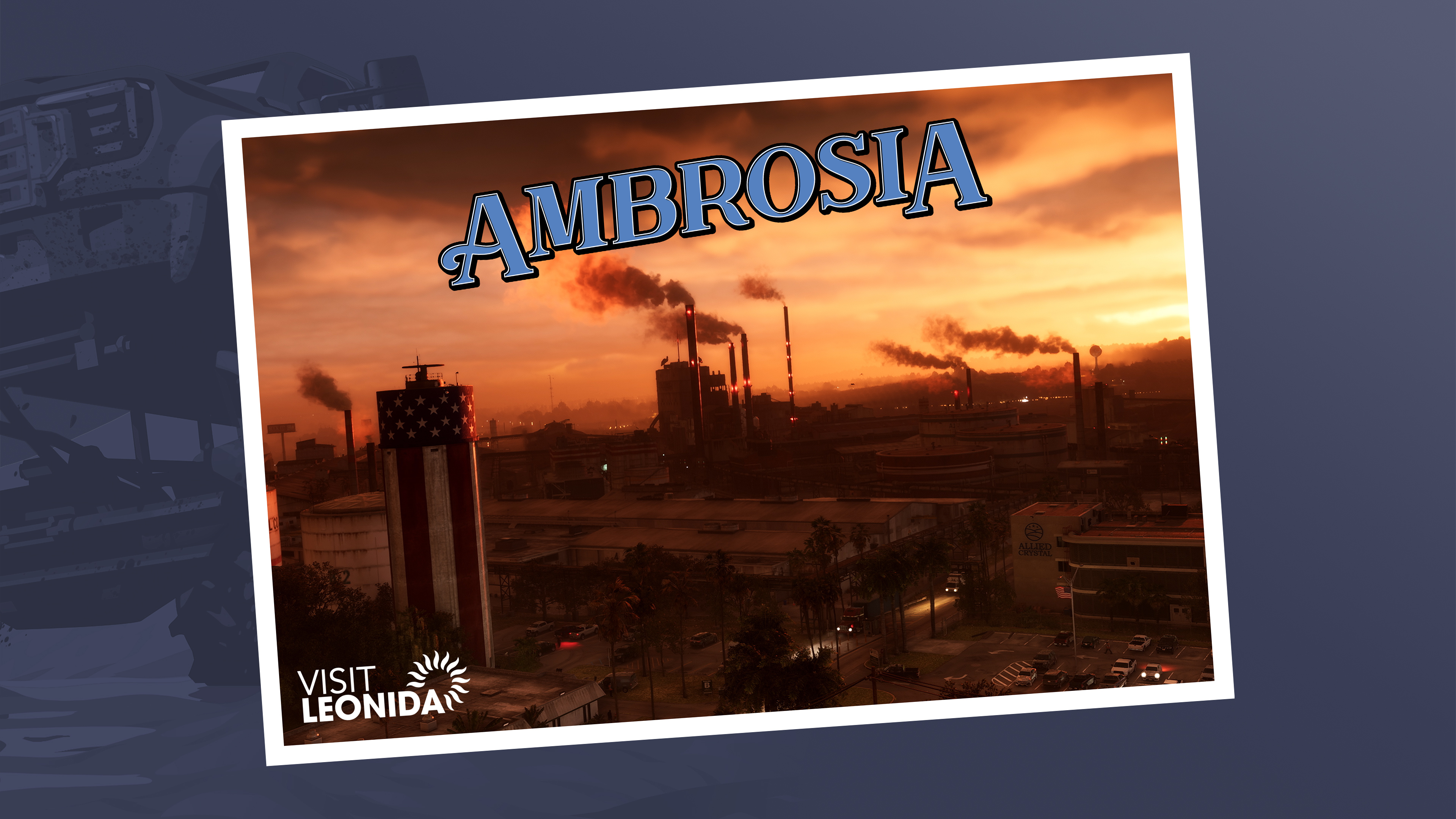 A stylized character portrait of Ambrosia in the iconic art style of Grand Theft Auto VI, set against a vibrant, tropical postcard background.