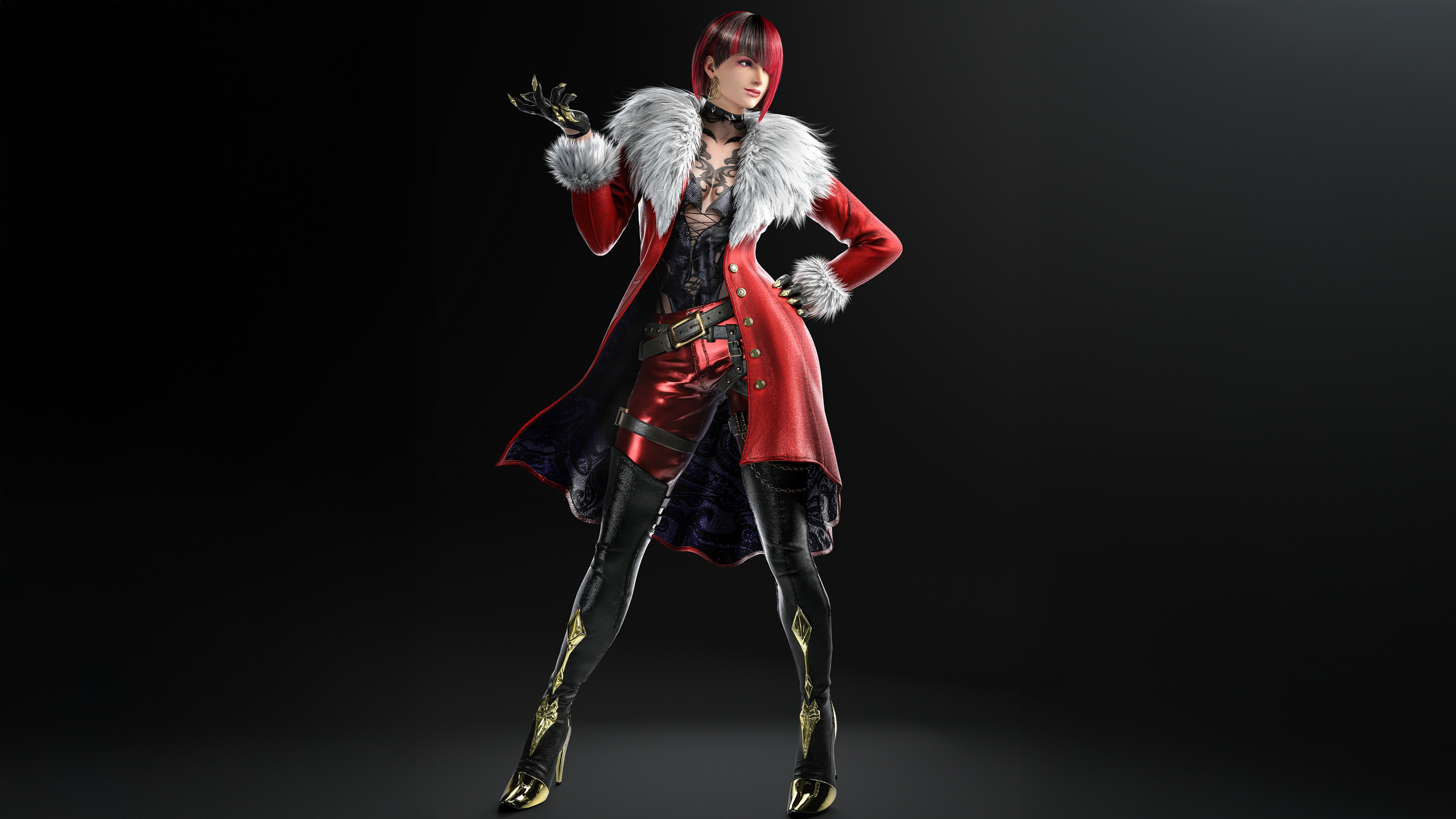 A cinematic high-detail portrait of Anna Williams from Tekken 8 against a dark, moody background.