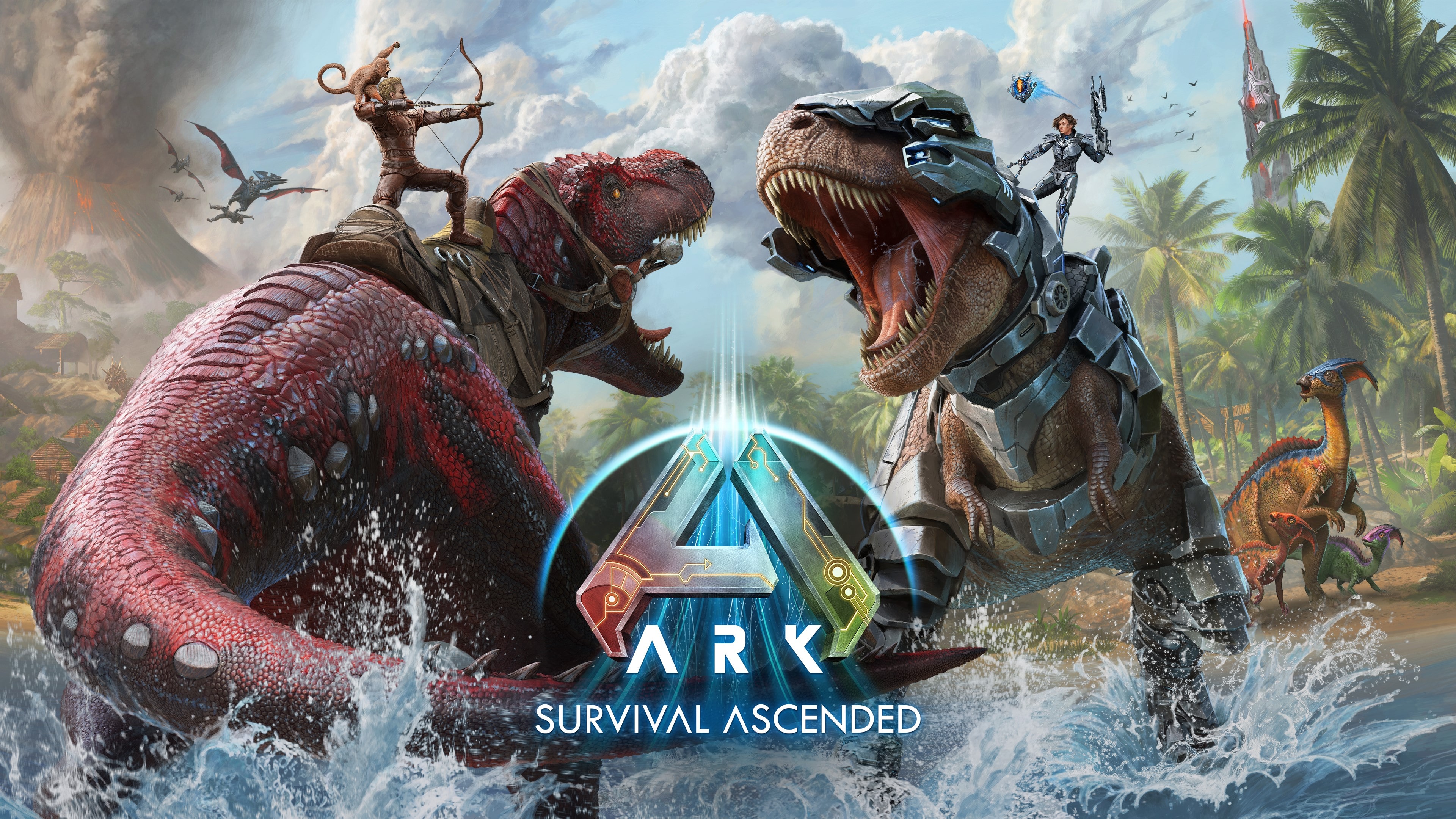 Cinematic key art for Ark: Survival Ascended featuring a survivor and prehistoric dinosaurs in a lush jungle environment.
