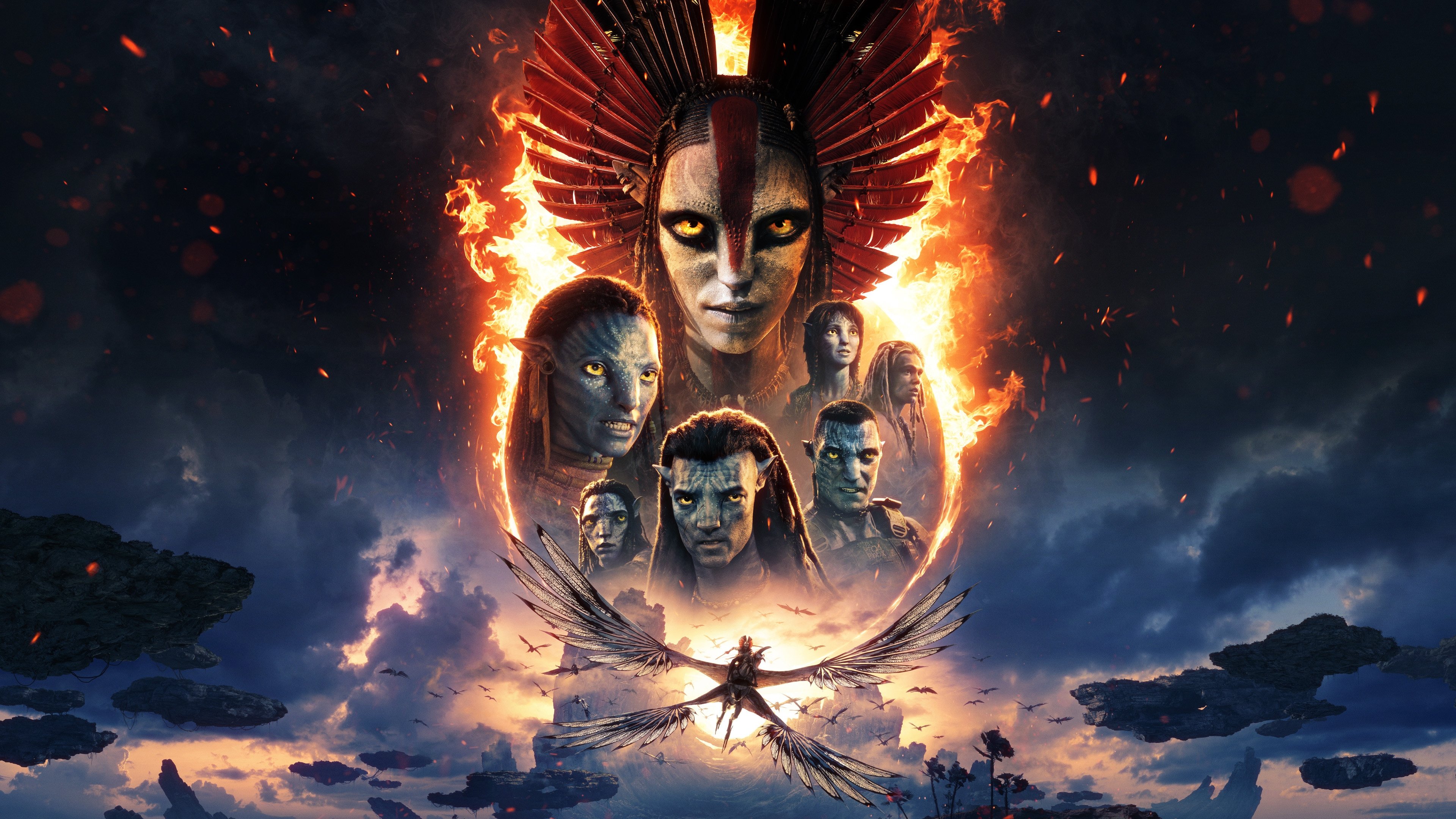 Cinematic key art for the movie Avatar: Fire and Ash, featuring Na'vi characters in a volcanic and ash-filled environment.
