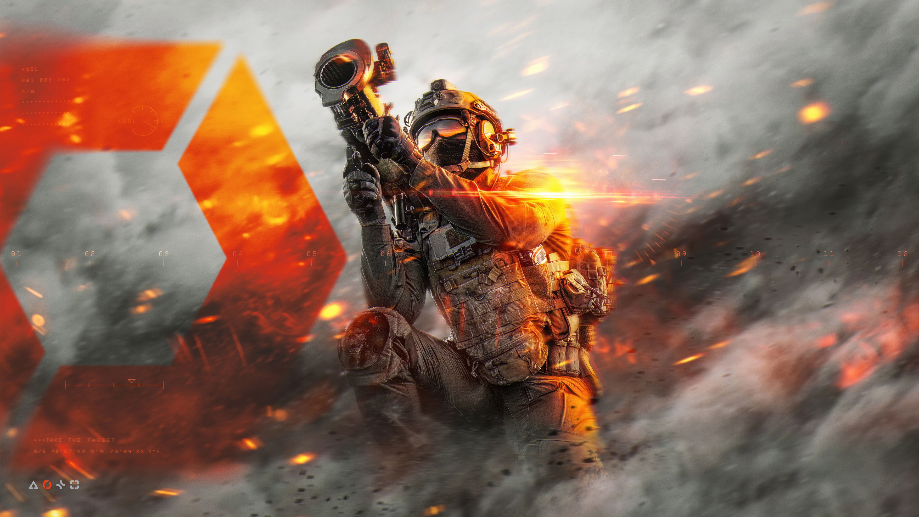 Cinematic concept art of a futuristic battlefield engineer in heavy tactical armor and combat gear.