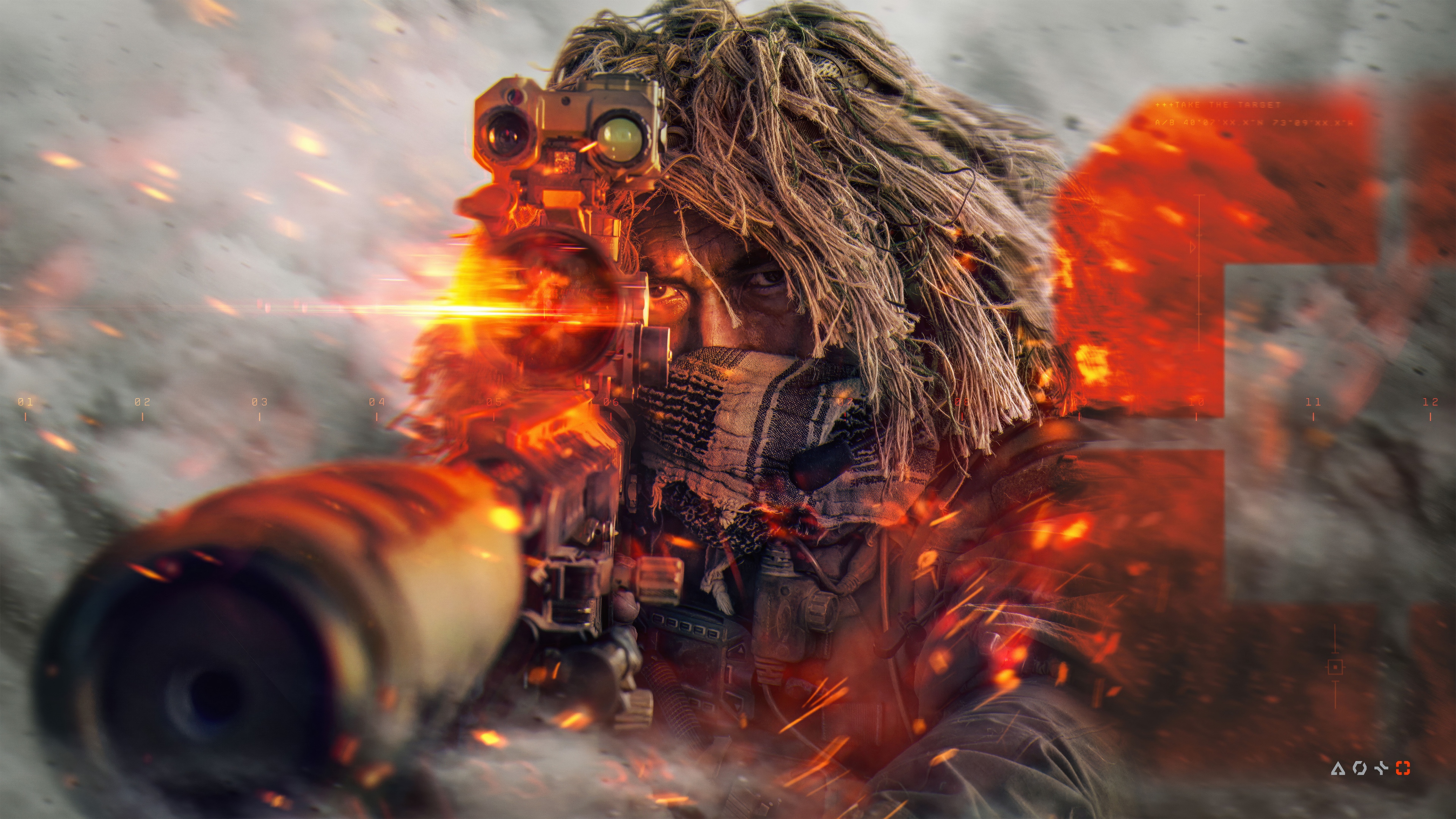 A tactical Recon sniper in military gear looking through a scope, set in a Battlefield 6 combat environment.