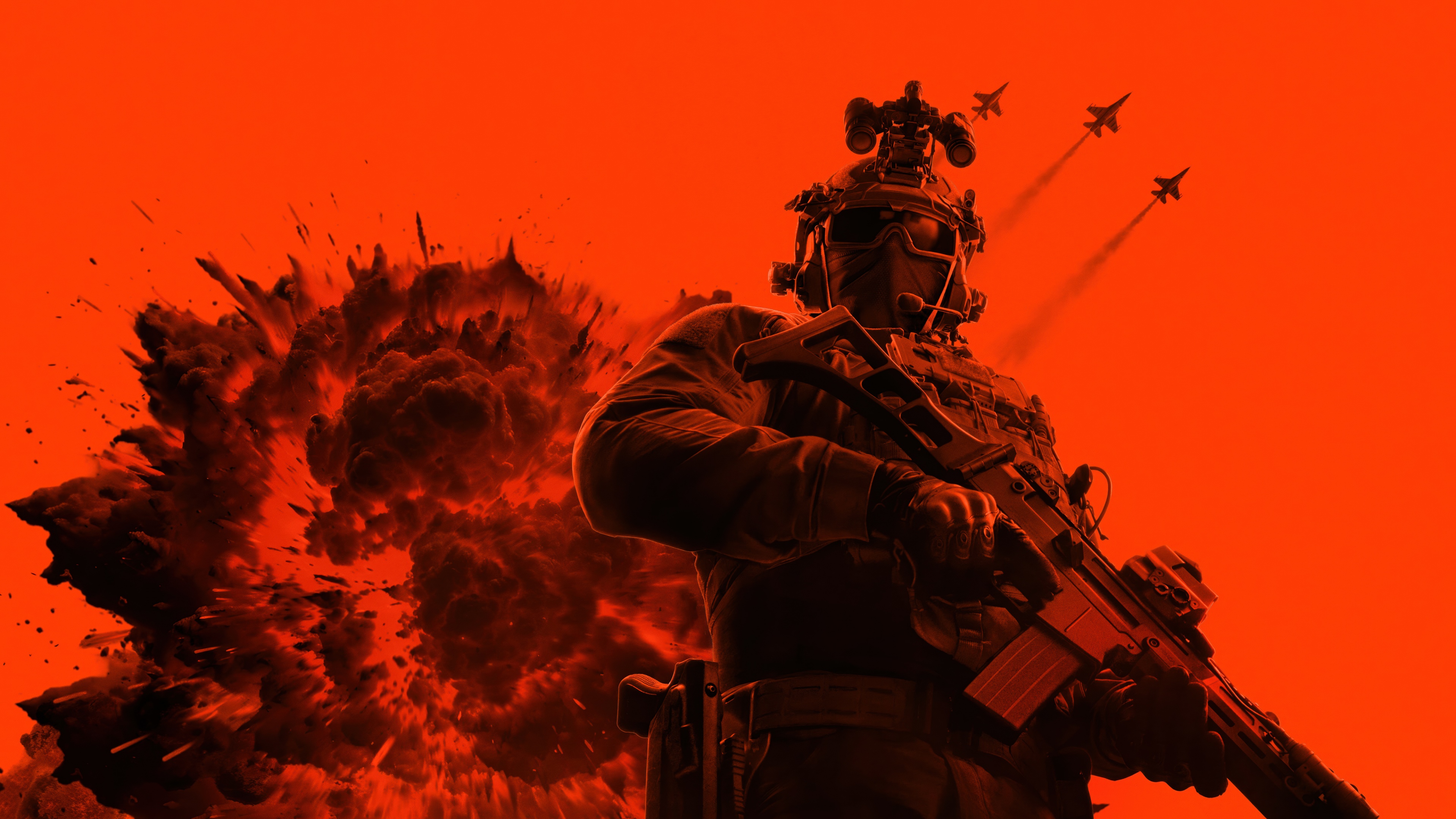 A monochrome soldier in tactical military gear positioned against a vibrant orange background, designed as a Battlefield 6 game poster.