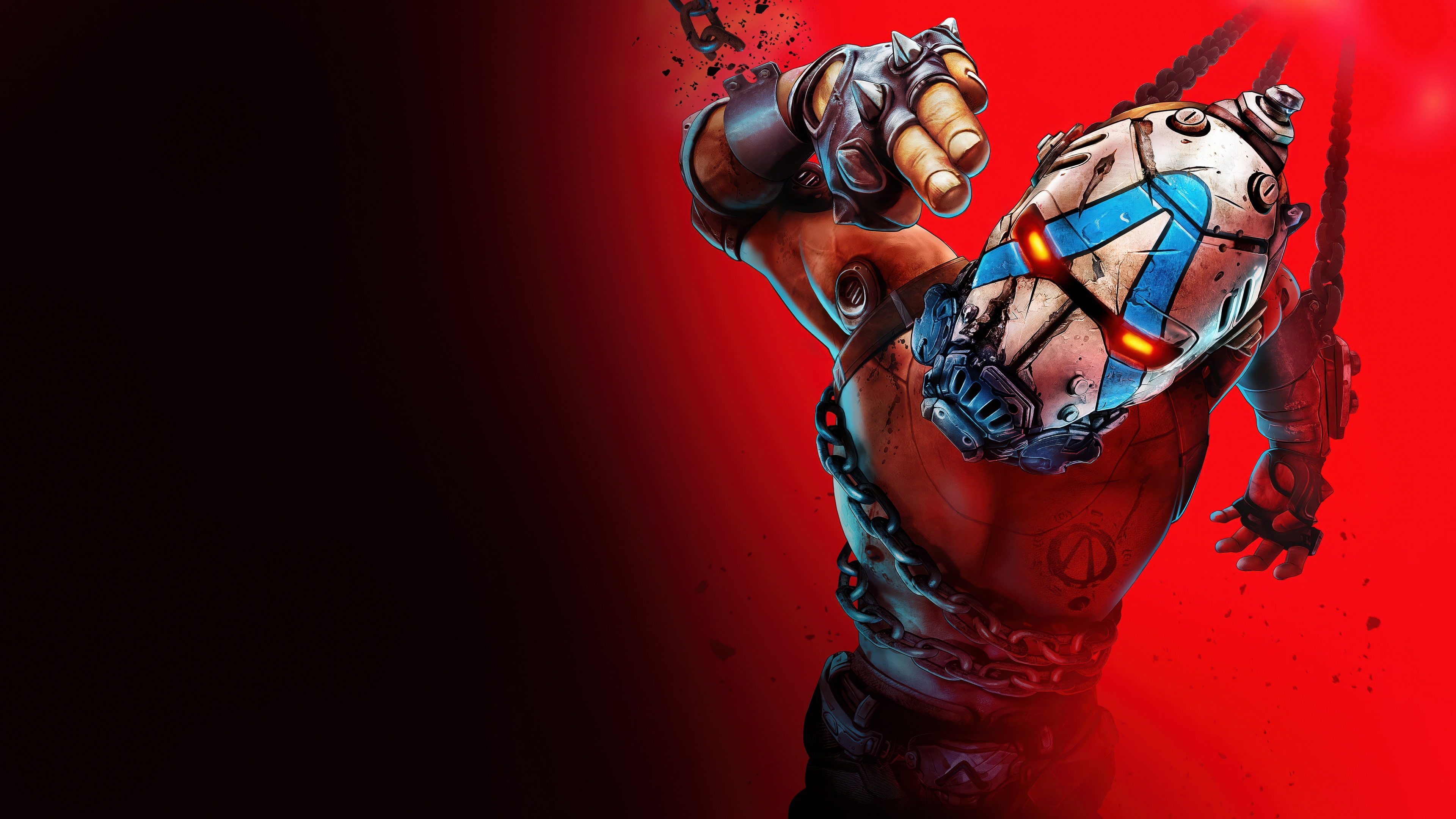 Stylized concept art for Borderlands 4 featuring a vibrant red background representing the 2025 release on PC, PS5, and Xbox.